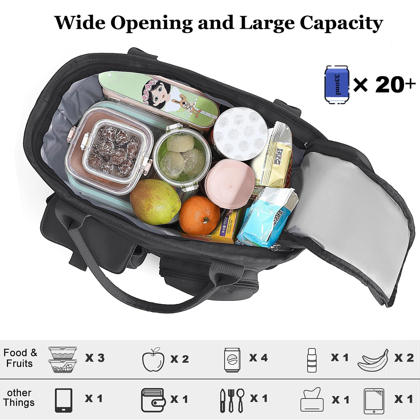 Hafmall Large Insulated Lunch Bag for Women Men, Leakproof Wide Opening Lunch Box for Adults, Reusable Lunch Tote Bag with Shoulder Strap, Womens Lunch Bag for Work, Picnic, Black