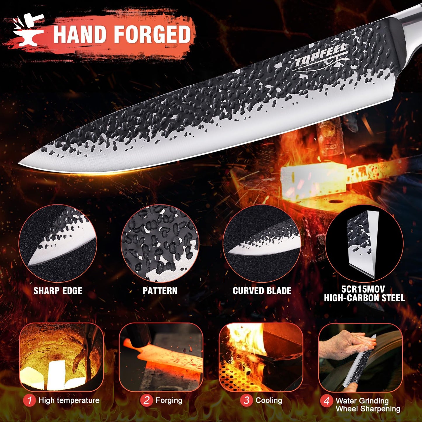 Topfeel Kitchen Knife Set, 3 PCS Japanese Chef Knife Set, Hand Forged High Carbon Stainless Steel Knives Sets，Ultra Sharp Professional Chef Knives Sets with Unique Antler-Like Handle