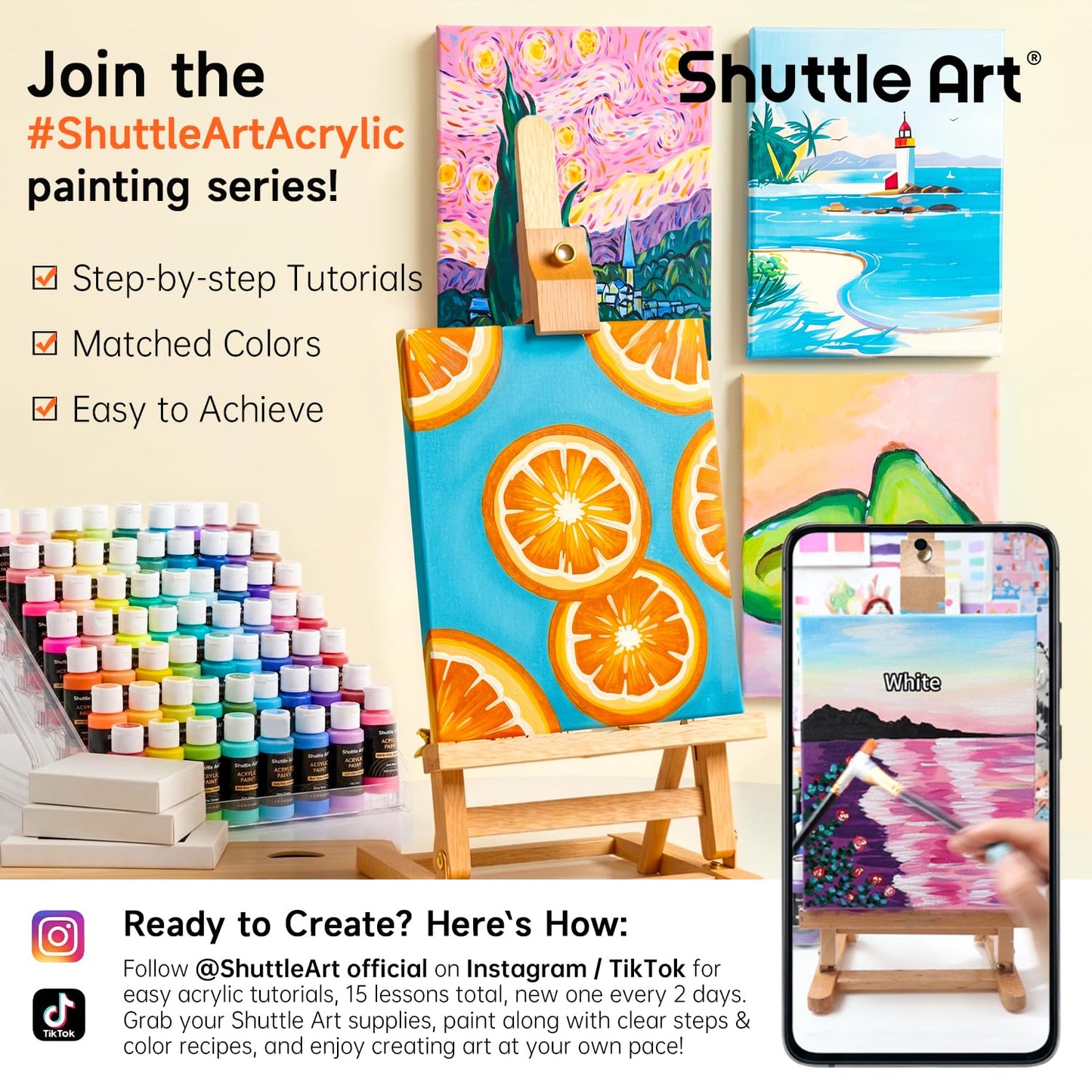 Shuttle Art Acrylic Paint, 50 Colors Acrylic Paint Set, 2oz/60ml Bottles, Rich Pigments, Water Proof, Premium Acrylic Paints for Artists, Beginners on Canvas Rocks Wood Ceramic Fabric
