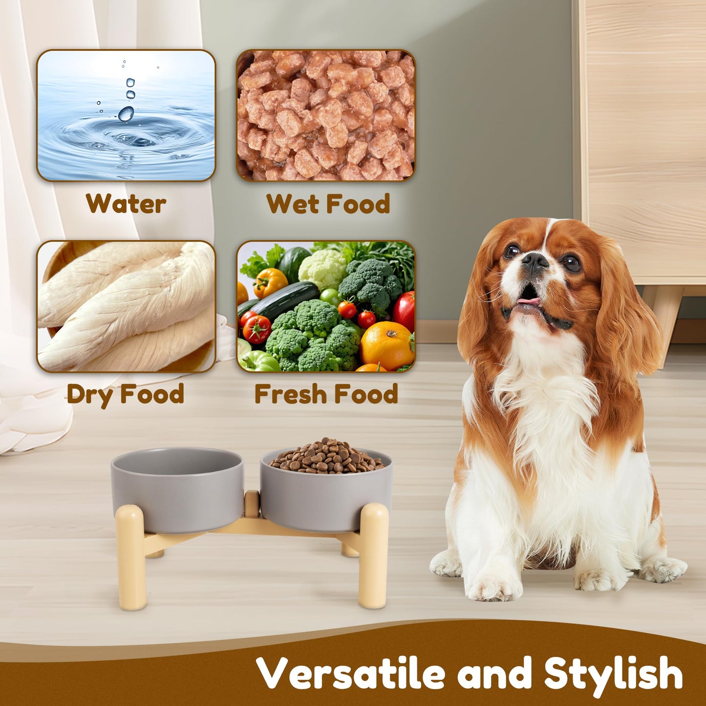 Elevated Ceramic Dog Bowl Set of 2 - Double Dishes with Non-Slip Stand - Raised Food and Water Bowls - Ideal for Small to Medium Dogs - Each Holds 2 Cups (28.75 fl oz) - Grey