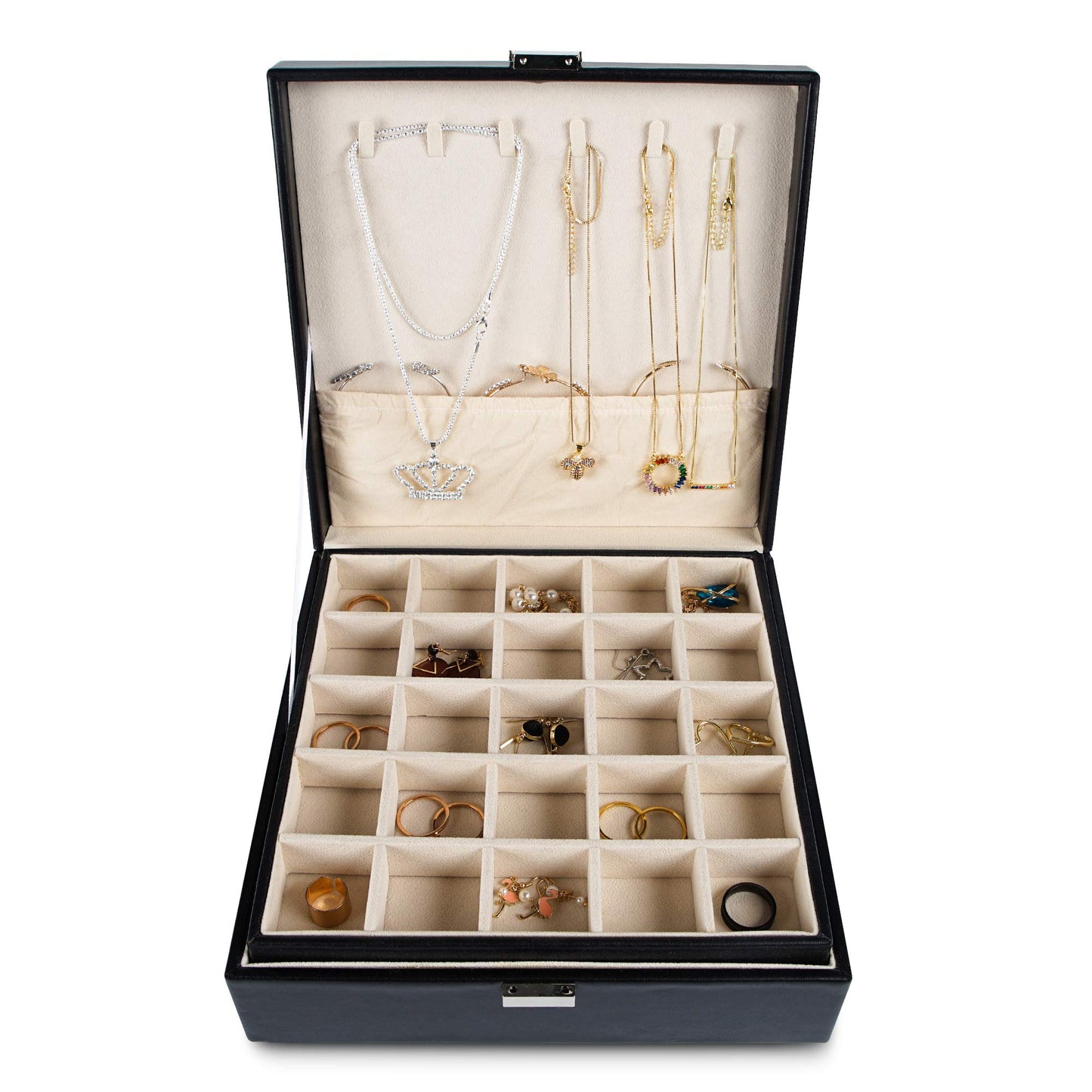 Frebeauty Earring Organizer Classic Jewelry Box 50 Slots Double Layer Jewelry Storage Case with 6 Necklace Hook and Bracelet Pocket(Black)
