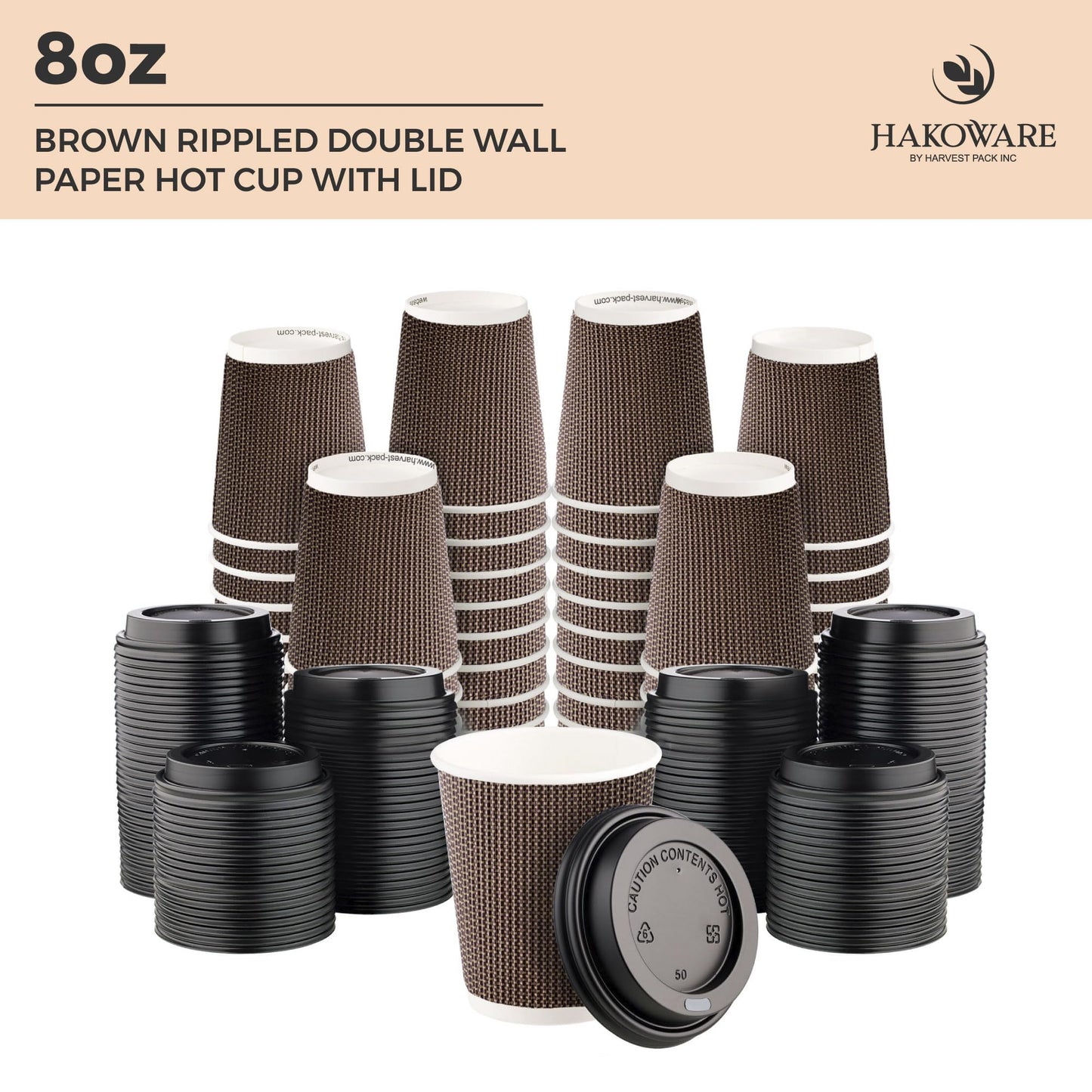 [150 Set] Harvest Pack 8 oz Disposable Coffee Cups, Insulated Ripple Double-Walled Paper Cup with Lid, Brown Geometric, Tea Hot Chocolate Drinks to go Coffee Cups