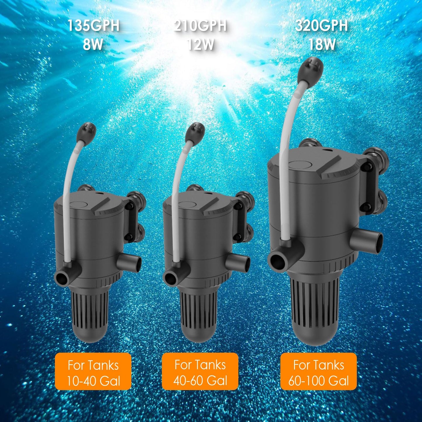 AquaMiracle Black Submersible Aquarium Powerhead Pump, 320GPH, For Tanks 60-100Gal, Wave Maker, Aeration, Fresh/Saltwater, 18W, 115V, Black