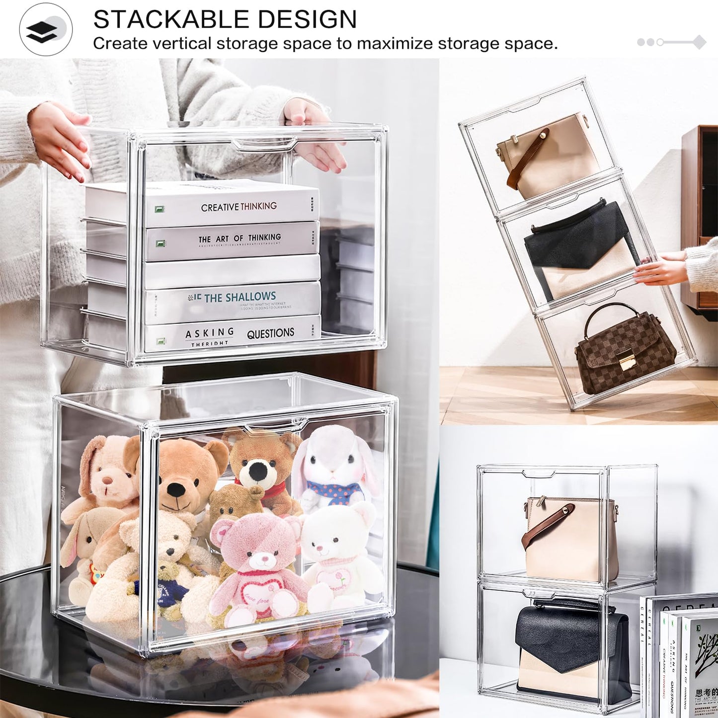 4 Packs Clear Plastic Handbag Storage Organizer for Closet, DILIBRA Acrylic Display Box for Handbag, Stackable Storage Boxes Bag Organizer with Magnetic Door for Small Purse Clutch Wallet Book Hats
