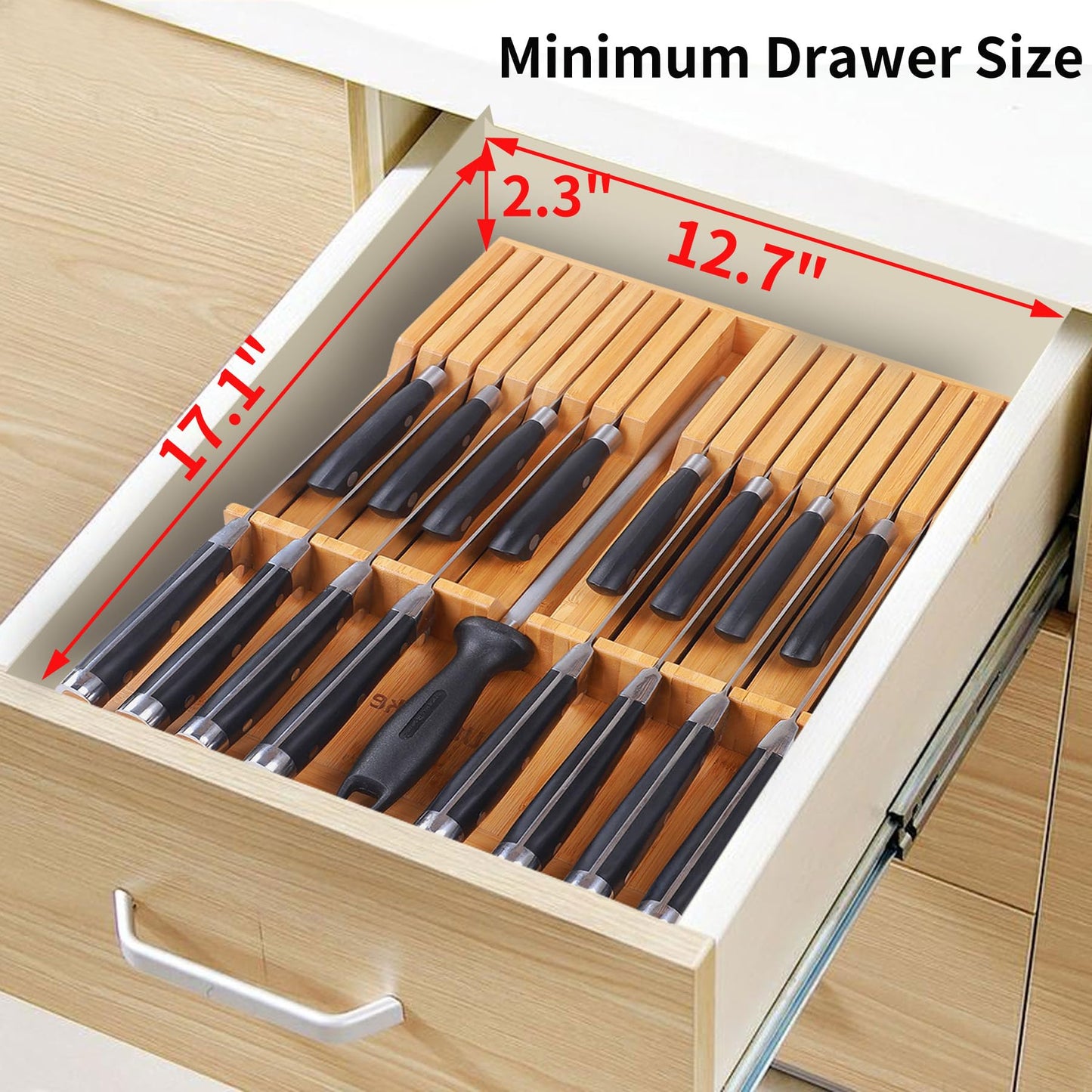Utoplike in-Drawer Knife Block Bamboo Kitchen Knife Drawer Organizer,Large Handle Steak Knife Holder Without Knives, fit for 16 Knives and 1 Sharpening Steel (16 Knife Organizer)