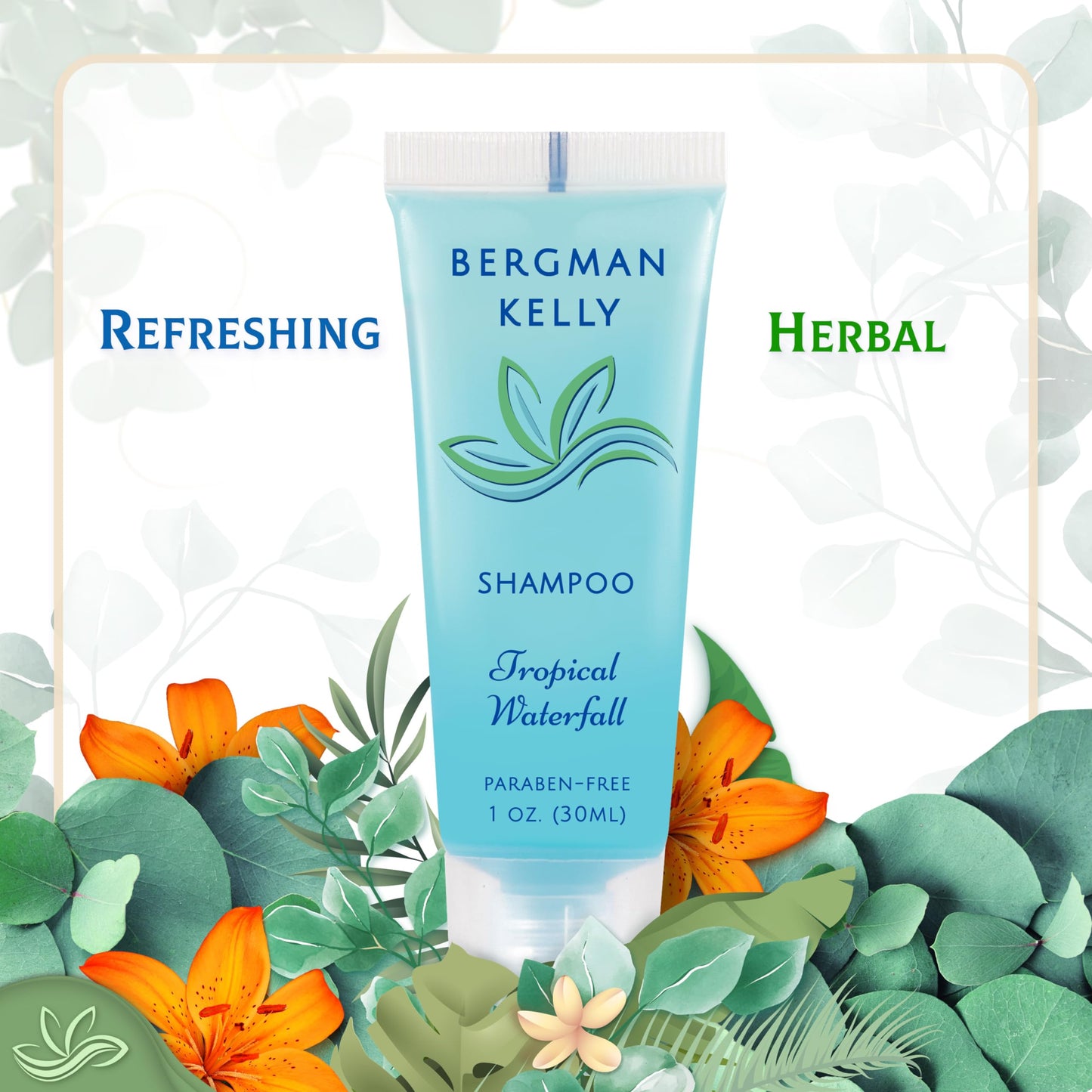 Bergman Kelly Hotel Toiletries Bundle - Tropical Waterfall, 1 oz each, 100 Pcs - 4-Piece Set: 25 Rectangular Bar Soap, 25 Shampoo, 25 Conditioner & 25 Body Lotion - Bulk Mini Guest Amenities