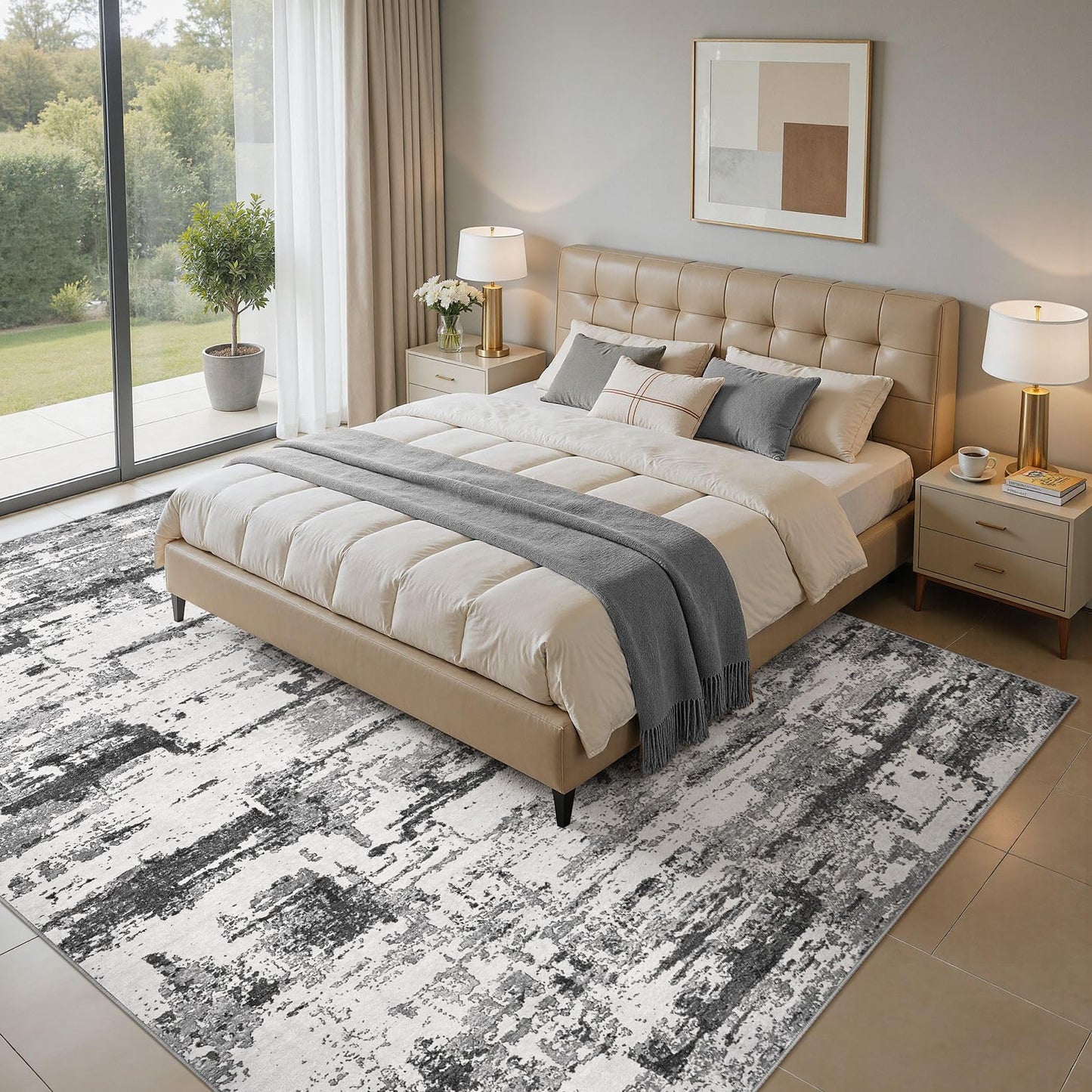 Area Rugs for Living Room: 5x7 Abstract Washable Rug Modern Neutral Large Soft Stain Resistant Non-Slip Backing Machine Table for Bedroom Dining Room Indoor Home Office Carpet - Black Grey