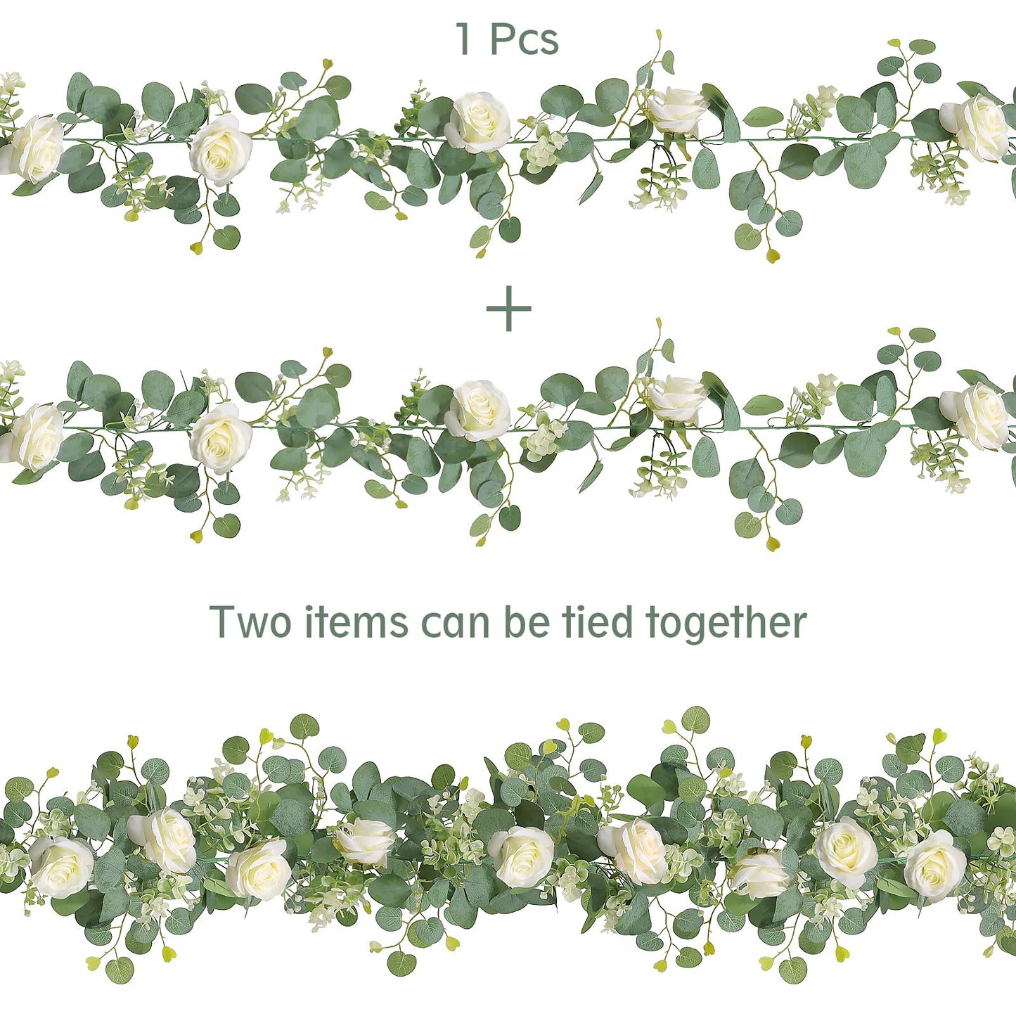 TOCHGREEN 4Pcs(26 Ft) Artificial Eucalyptus Flower Garland with White Rose Flowers,Faux Rose Vine Gypsophila Garland,Floral Garland Greenery Garland for Party Wedding Table Decor (White, 4PCS)