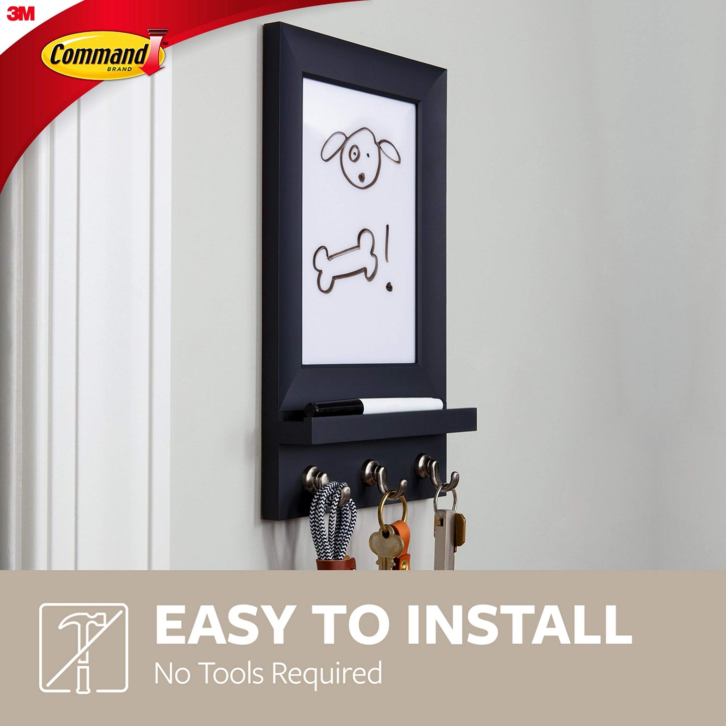 Command Dry Erase Message Center, Slate, 1-Message Center with 3 Key Hooks, 8-Medium Strips, Organize Damage-Free