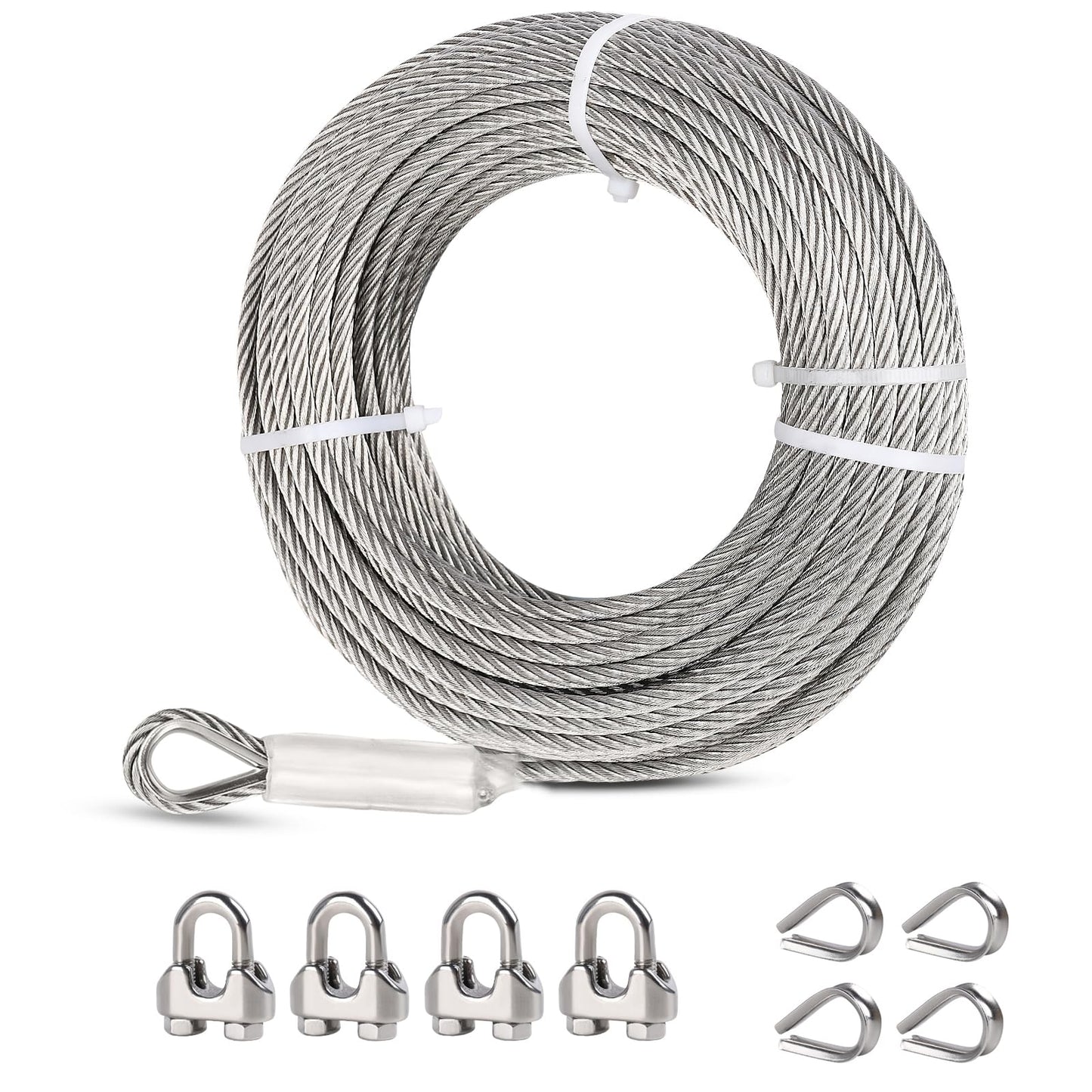 hannger Stainless Steel Cable 1/4 inch, 50ft 7 x 19 Strands, 304 Stainless Steel Wire Rope, 6400lbs Breaking Strength, Steel Cable with Loops for Deck Railing, Zipline, Winch Cable