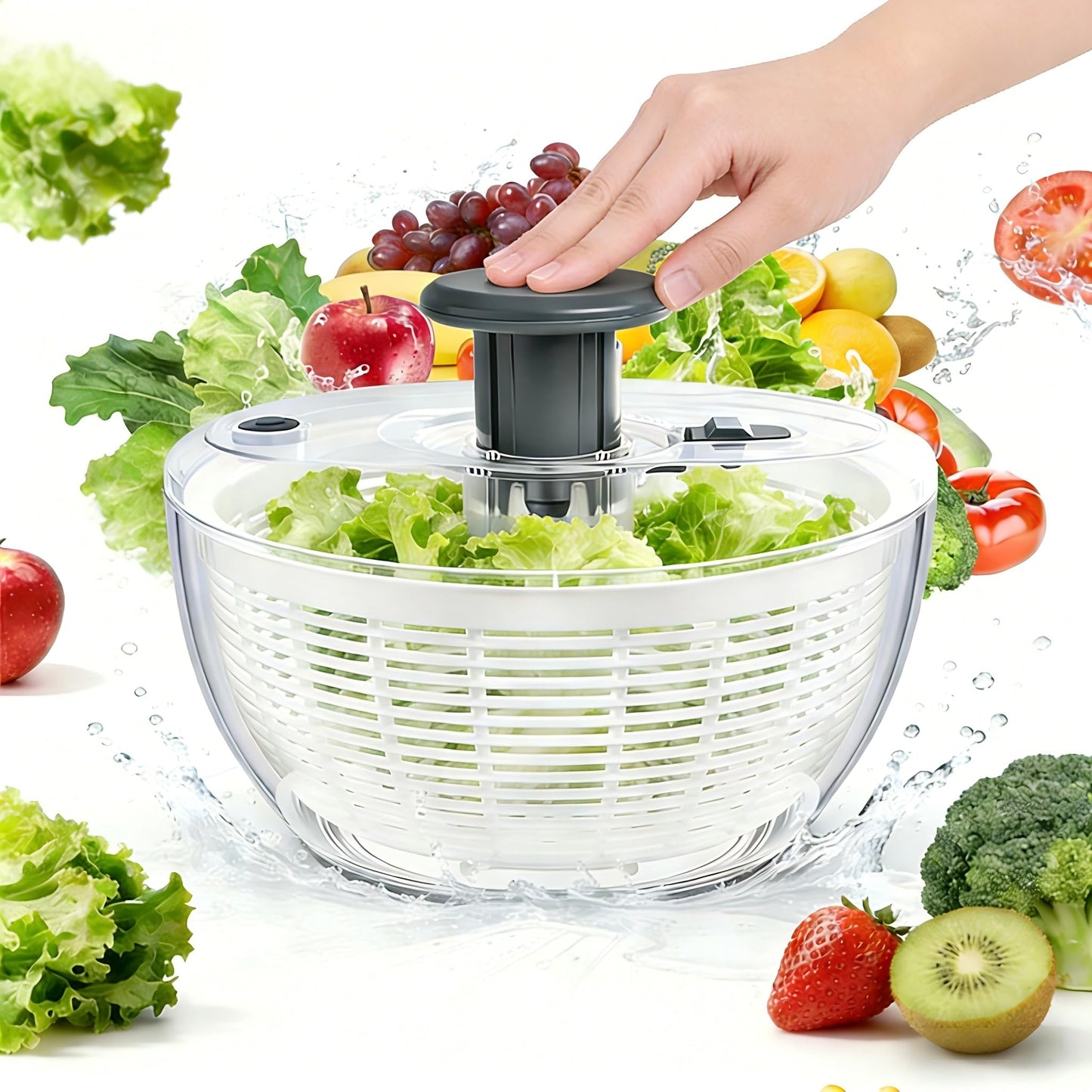 3.6L Salad Spinner, Vegetable Fruit Spinner – Compact Push & Spin Cleaner and Dryer with One-Button Stop, Clear Space-Saving Design for Greens, Herbs, Vegetables