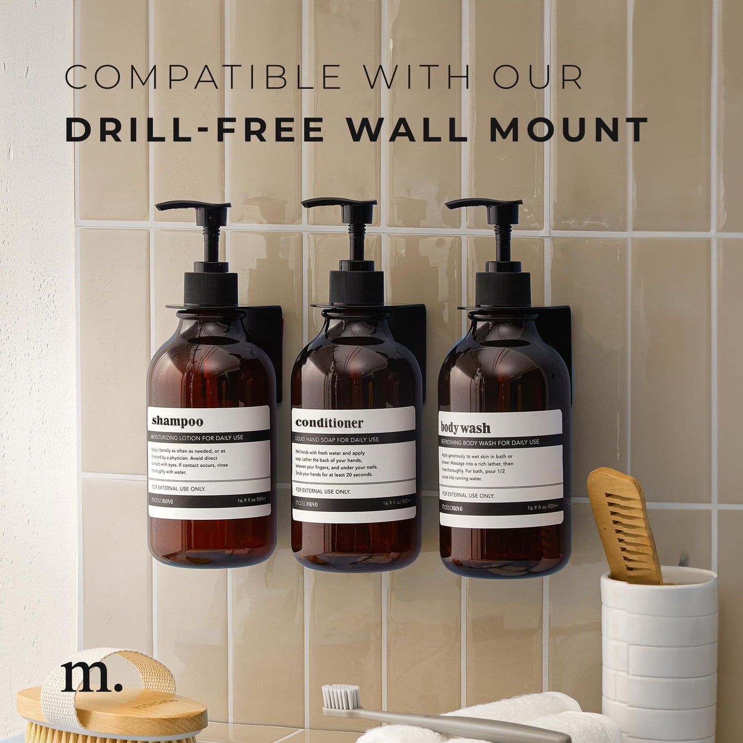 MaisoNovo Shampoo and Conditioner Dispenser Set of 3-500 ml Amber Shower Soap Dispenser with Black Pump - Luxury Shampoo Bottles Refillable for Bathroom with Waterproof Labels