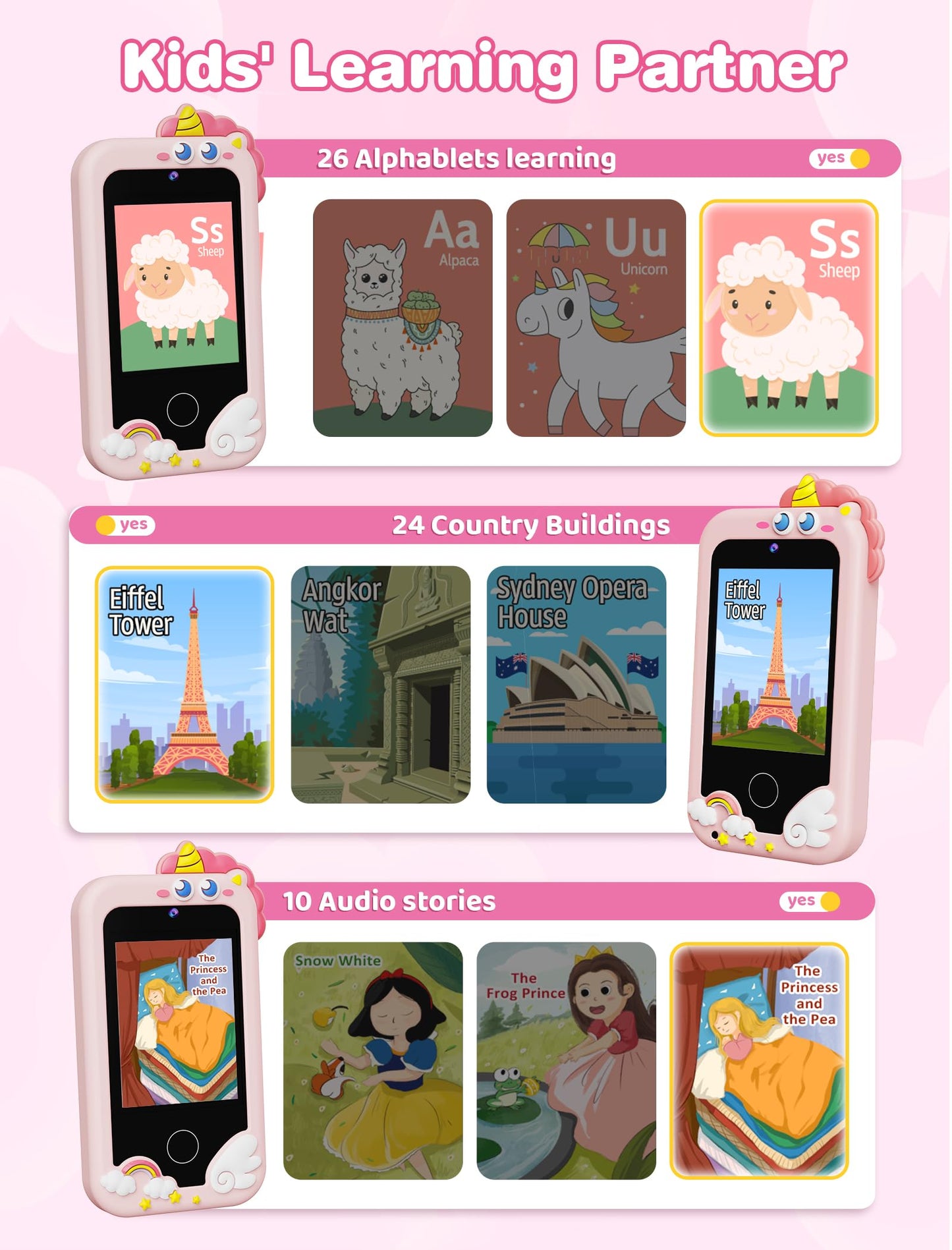 Kikidex Kids Smart Phone for Girls, Perfect Christmas Birthday Gifts for 3-8 Year Old Kids, Touchscreen Learning Play Toy Smartphone with Dual Camera, Puzzle Game, Music Player (Pink)