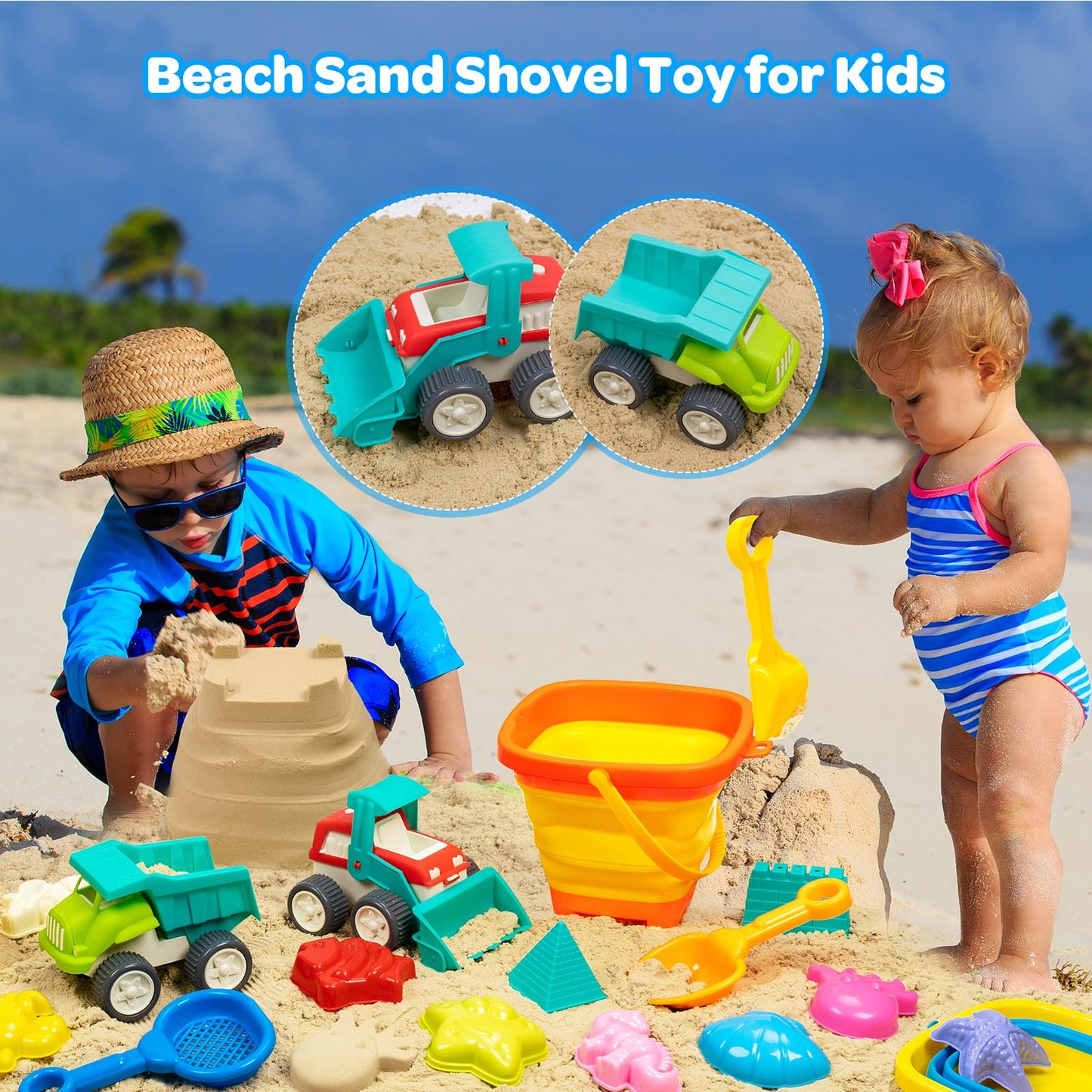 Beach Toys Play Sand Set Sandbox with 2 Cars 2 Collapsible Sand Buckets, Shovel, Rake, Sand Castle Kit, Animal Molds and Mesh Bag, Travel Toys for Kids Toddlers Boys Girls Age 3-10