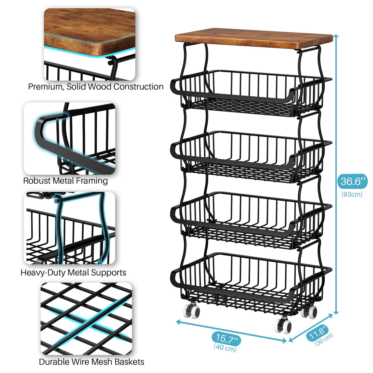 5 Tier Vegetable Fruit Basket for Kitchen, Stackable Metal Fruit and Vegetable Storage Baskets with Rolling Wheels Cart, Pantry organizers and storage for Kitchen Bathroom Livingroom Laundry room Cart