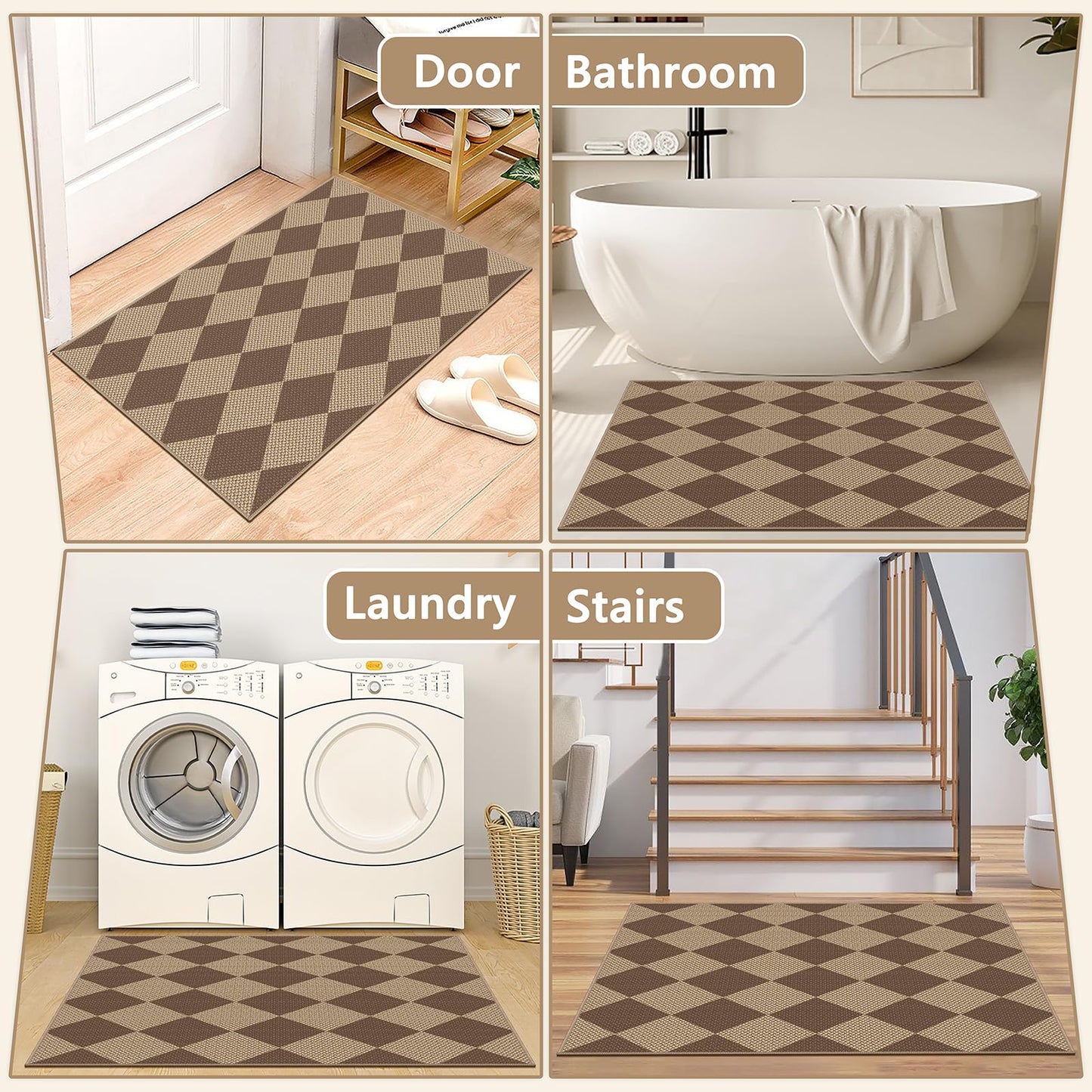 Capslpad Indoor Door Mat 32"x48",Non-Slip Checkered Front Door Mat Indoor,Easy Jute Low-Profile Entryway Mat,Mud Trapper Absorbent Inside Floor Mats Area Rug for Entrance Entry(Nature/Brown)