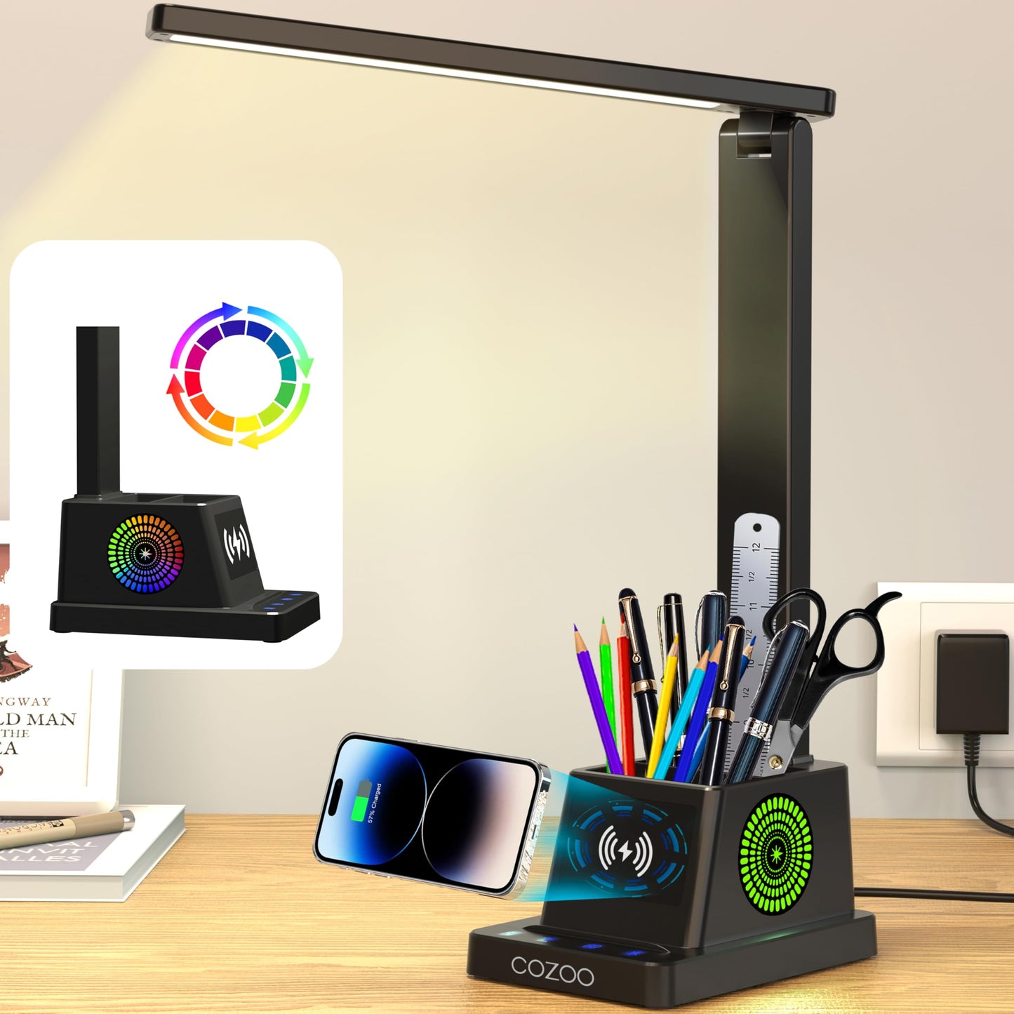cozoo Desk Lamp,LED Desk Lamps for Home Office,Wireless Charger Small Lamp with Pen Holder,Color Changing Nightlight,12 Lighting Modes,Table Light fot Nail, Lamps for College Dorm Room
