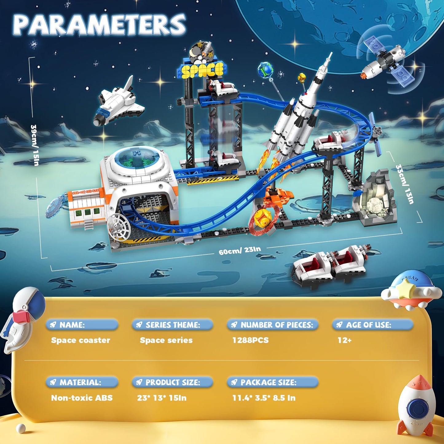 Space Roller Coaster Building Set for Boys 12-14, City Amusement Park Block Featuring Lift Platform, Satellites, Rocket for Kids Ages 12+, 1288Pcs