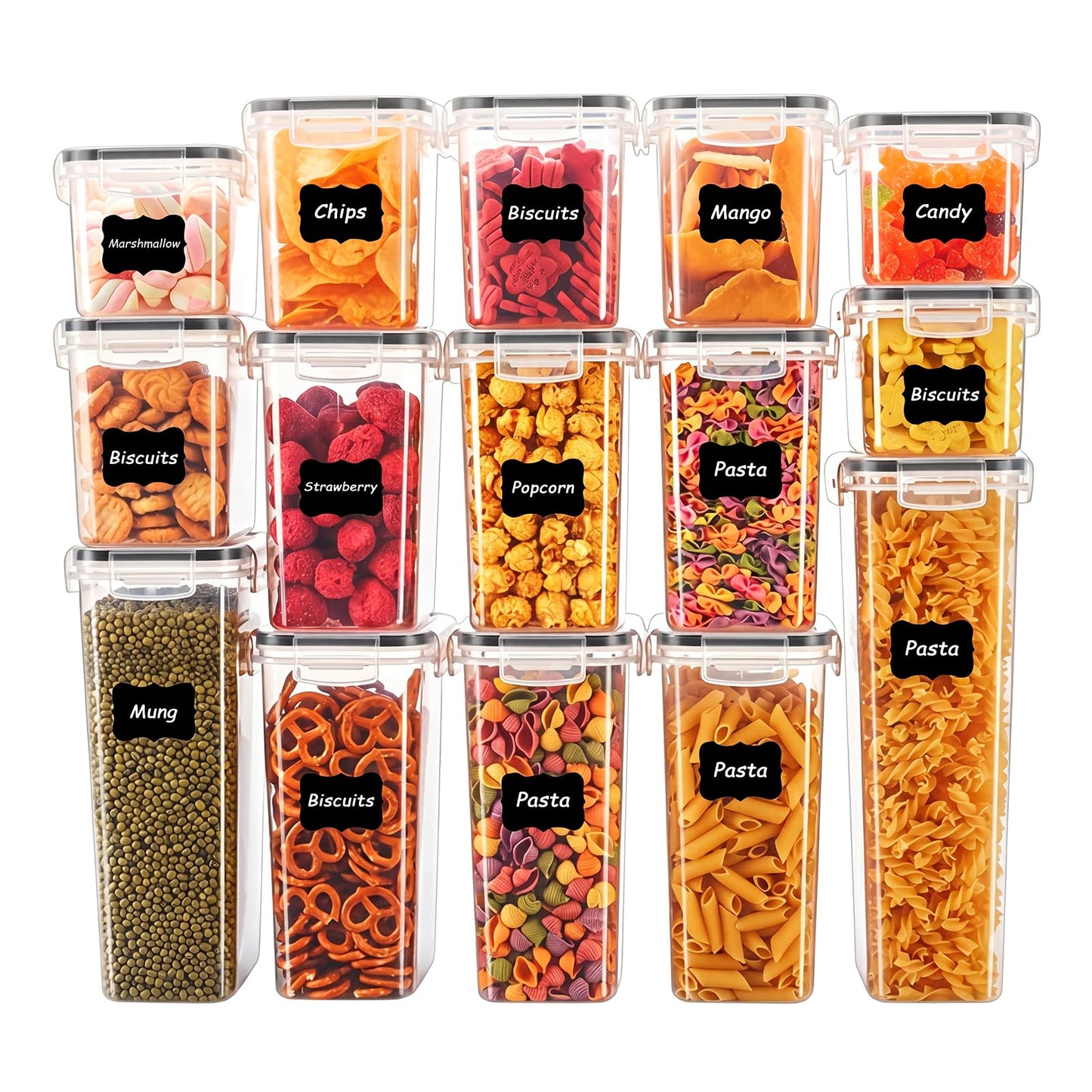 Asnews 15 PCS Airtight Food Storage Containers with Lids, Plastic Kitchen and Organization Canisters for Cereal, Dry Food, Flour and Sugar, BPA-Free, PVC-Free, Includes Labels & Marker