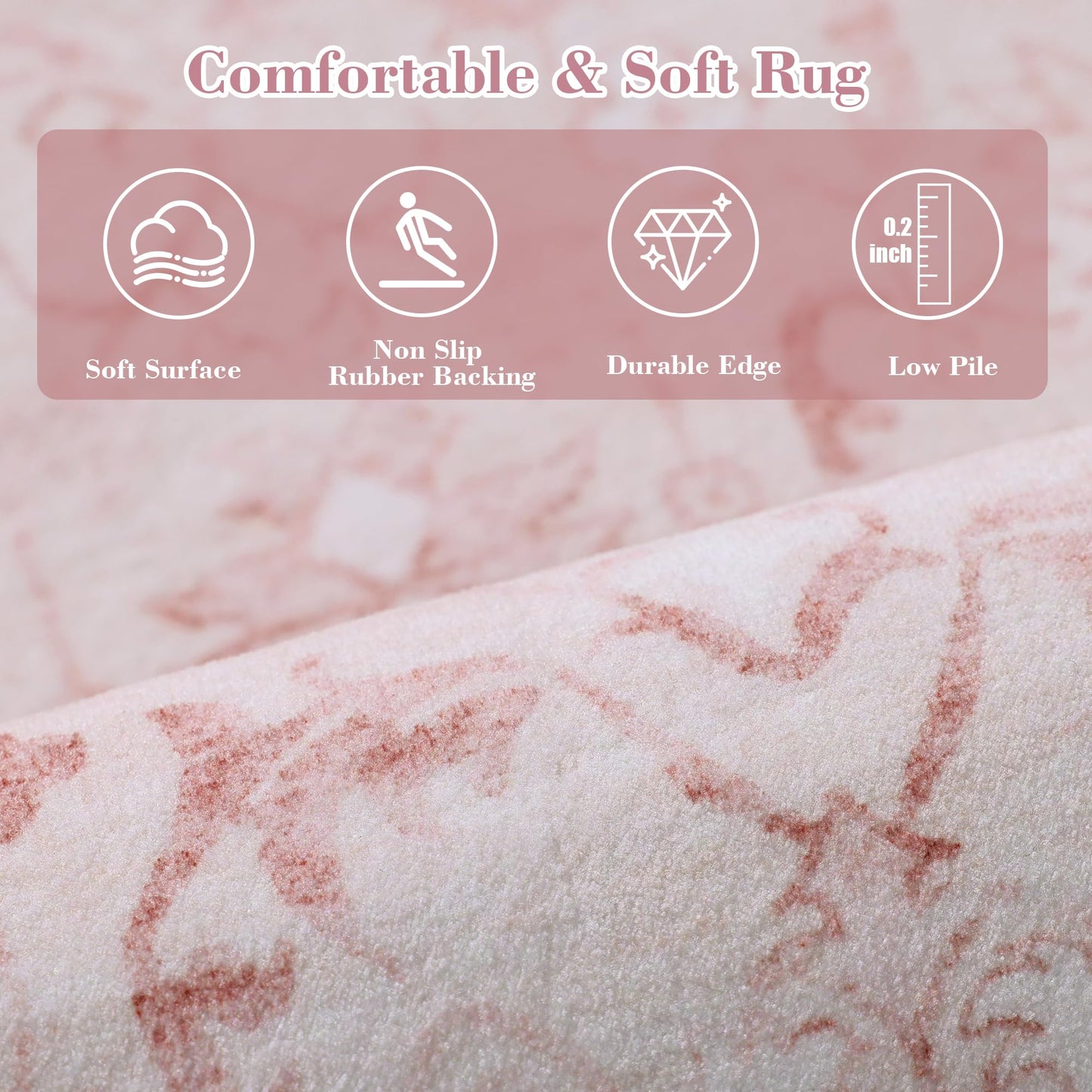Pink 2x6 Runner Rug for Hallways Bed Side Kitchen, Boho Washable Distressed Low-Pile Floor Entryway Long Bathroom Mat, Non-Slip Laundry Room Washstand Front Carpet 24x72 Inch