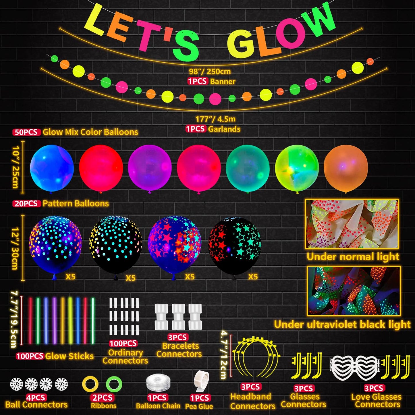 398 Pcs Glow in The Dark Party Supplies - Include Glow in The Dark Balloons, Banner, Glow Sticks, Tableware and Tablecloths for Glow Party Supplies Black Light Neon Party Decorations, Serve 20