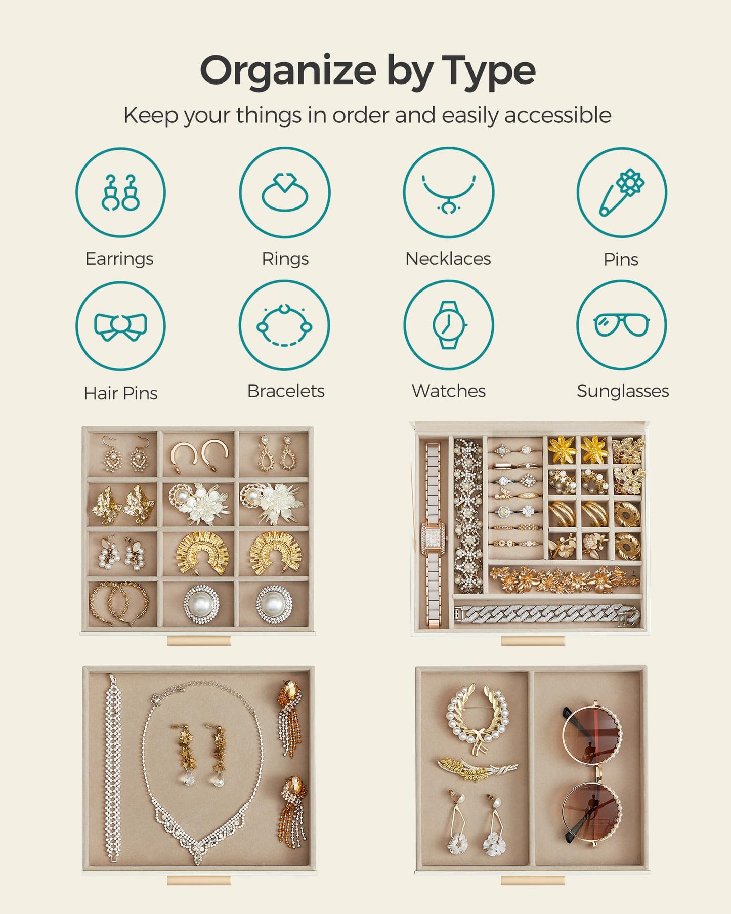 SONGMICS GISELLA Collection - Jewelry Box Organizer, 4-Layer Jewelry Storage with 3 Drawers, Shiny Metal Hardware, Glass Lid, Modern, 20.3 x 23.1 x 16.5 cm, Cloud White and Gold Color UJBC173W01