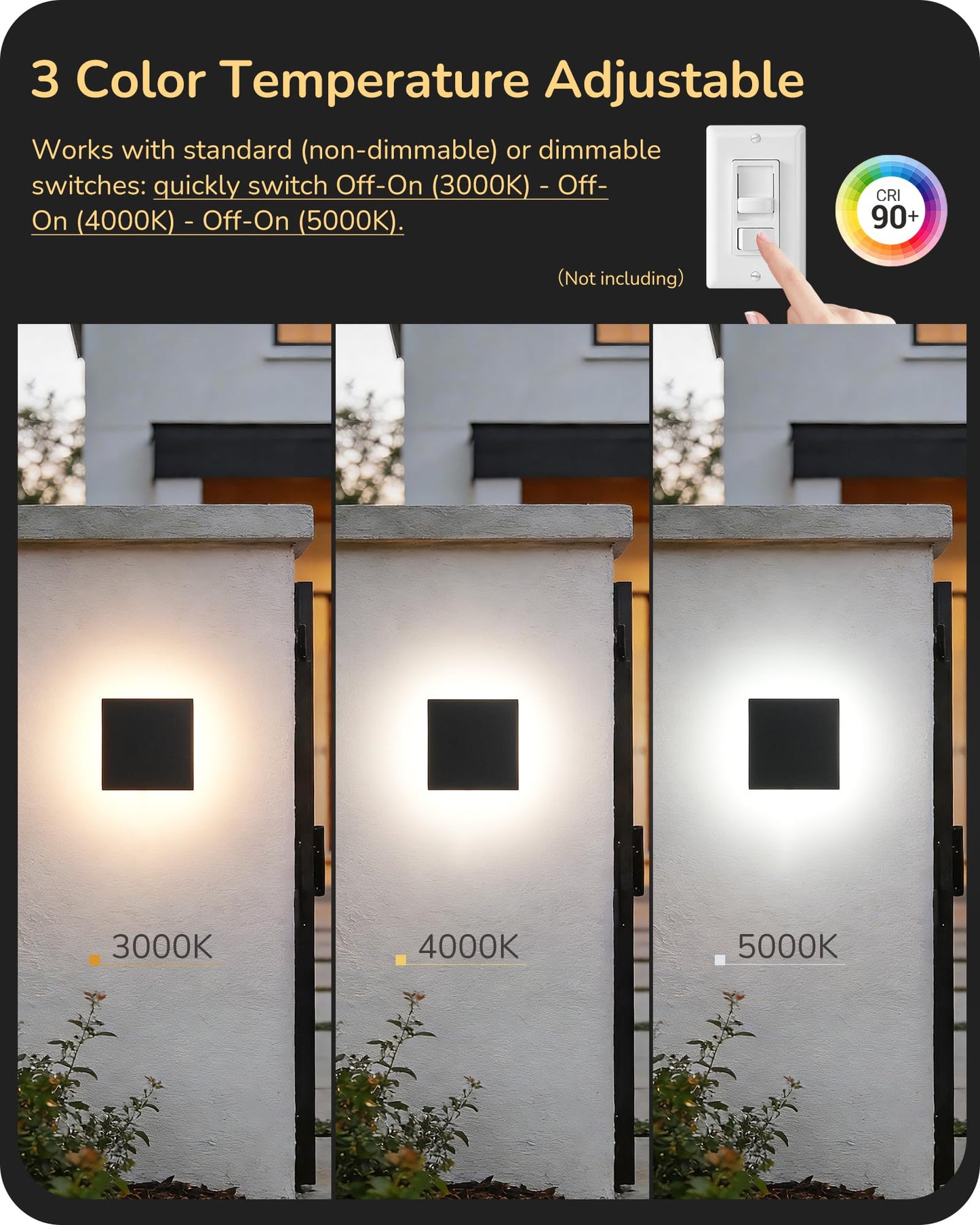 EDISHINE LED Outdoor Wall Lights, Dimmable Exterior Lighting Fixtures, 3000K-5000K, IP65 Waterproof Modern Outside Wall Sconce, 360° Backlit Square Aluminum Mini Porch Light, Black, 2 Pack