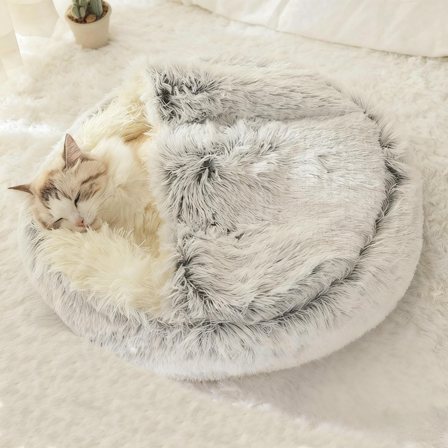 Cat Bed Round Fluffy Hooded Cat Bed Cave, Anti-Anxiety Cave Bed with Hooded Blanket, Cozy Cuddler Luxury Puppy Pet Bed, Anti-Slip Bottom and Machine Washable (Grey, Large)