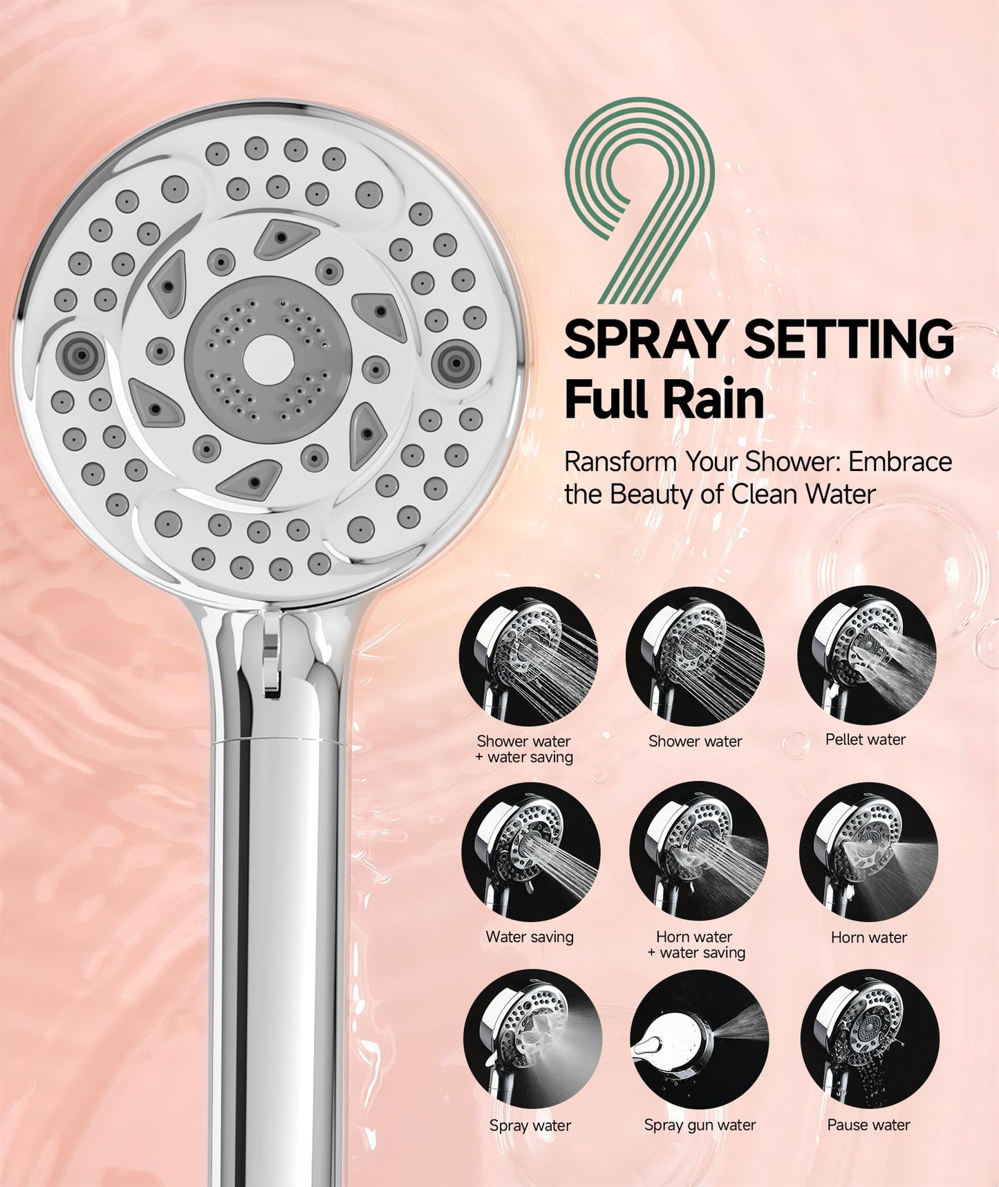 Filtered Shower Head with Handheld, 9-Spray Mode High Pressure Detachable Shower Head with Filters for Hard Water - Remove Chlorine (Chrome, 4 Filters)