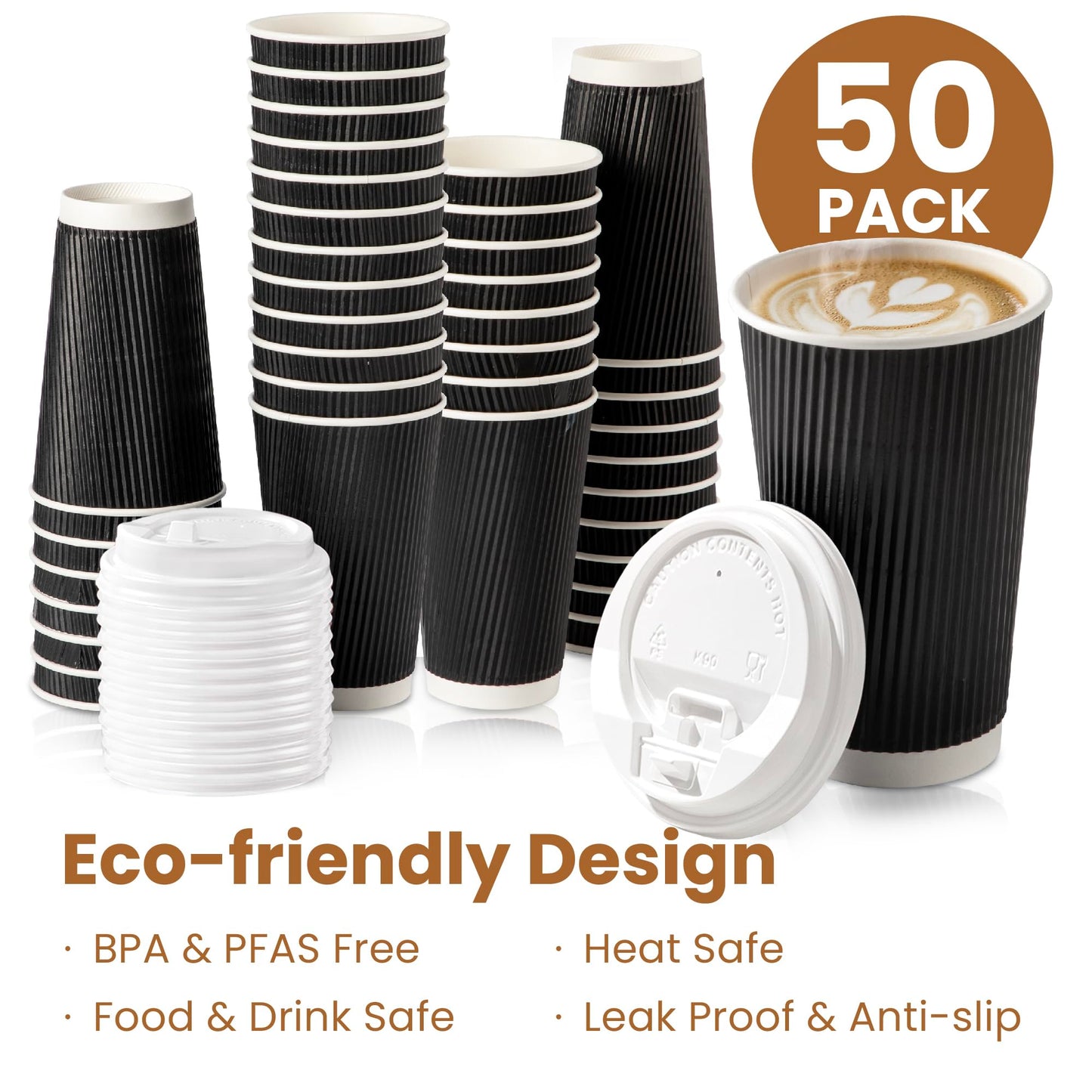 Fit Meal Prep 50 Pack 16 oz Black Disposable Coffee Cups with Lids, Corrugated Triple Wall To Go Hot Cups, Insulated Paper Coffee Cups for Hot Beverages, Travel, Home, Office (White Lids)