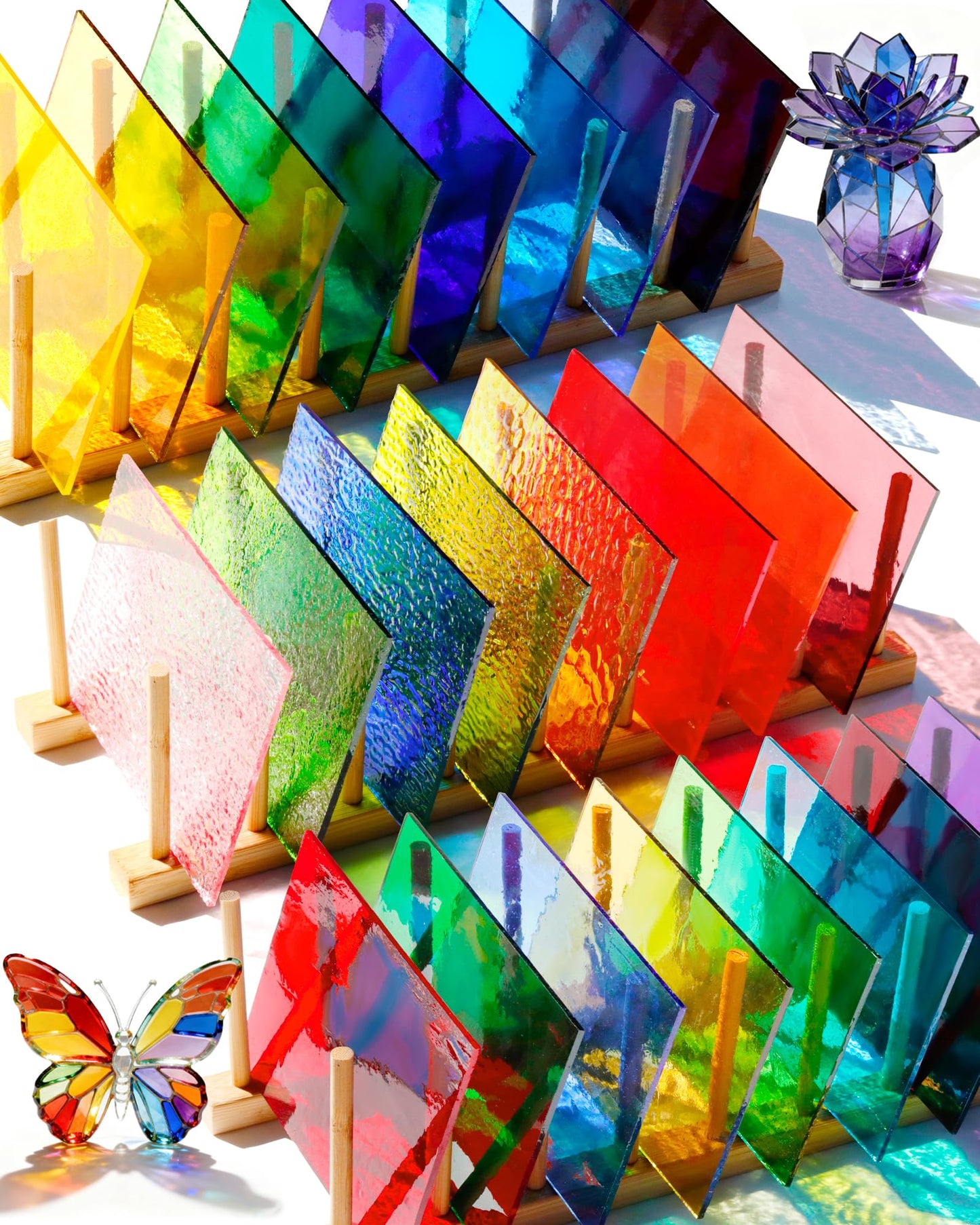 FIVEIZERO 24 Sheets Rainbow Transparent Stained Glass Sheets 4x6 Inch – Mixed Color Stained Glass Supplies for Suncatchers, Mosaic Glass Crafts, Fused Glass Supplies, Window Art & DIY Projects