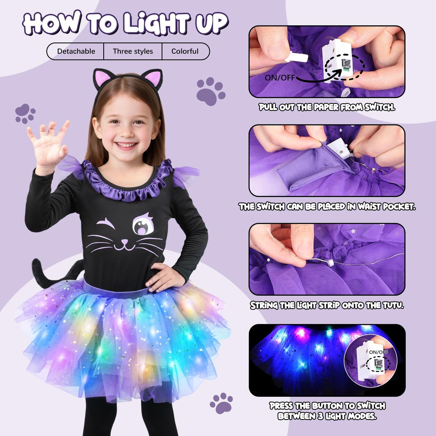 GIFTINBOX Cat Costume for Girls, Light Up Black Cat Costume, Halloween Animal Dress Up Costumes for Kids Age 3-8