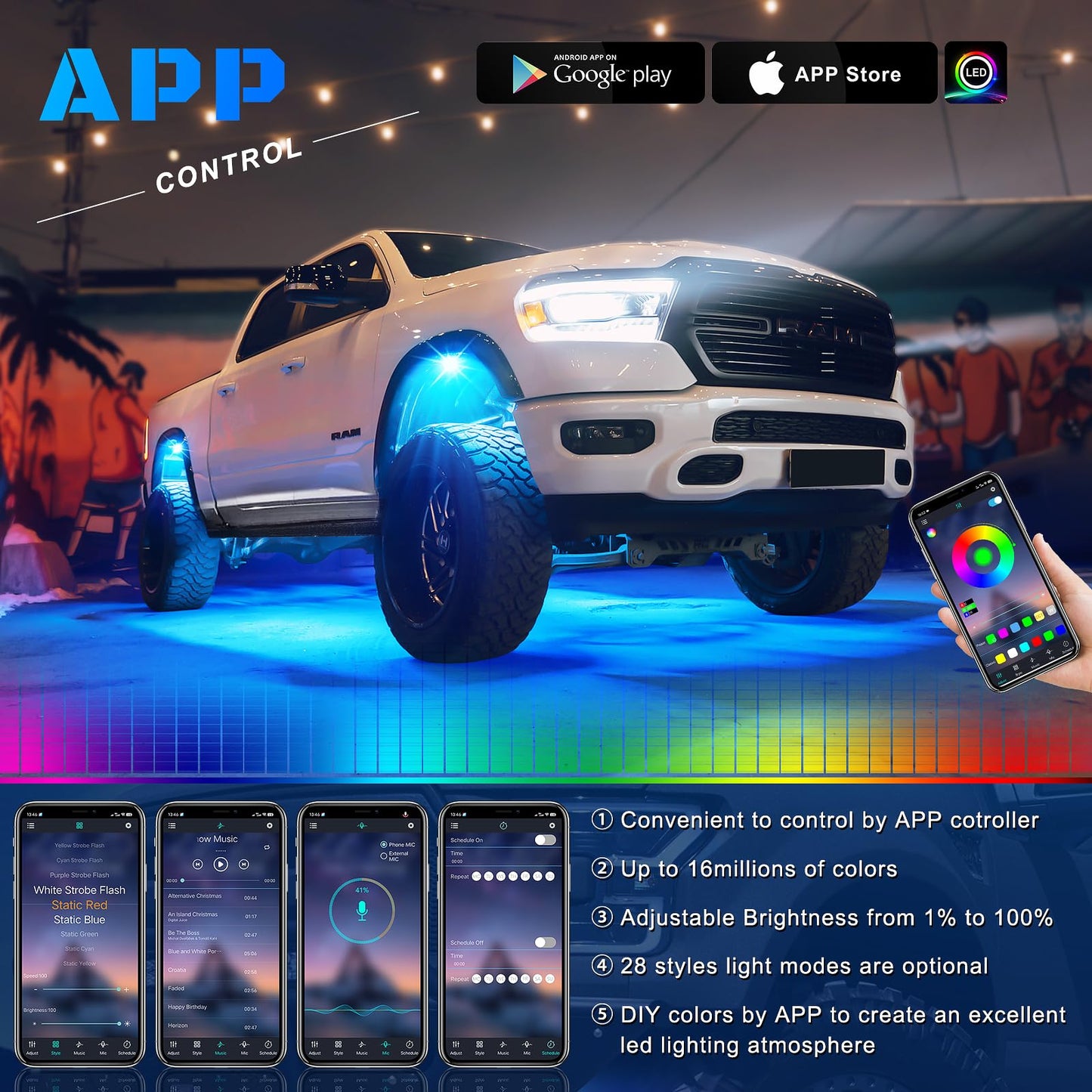 8 Pods RGB LED Rock Lights Kit with APP Control, Multi-Color 175° Beam Angle Car Underglow Lights for Trucks, Waterproof Music Mode, Neon Underbody Lights for Jeep UTV SUV ATV Boat Golf Cart Exterior