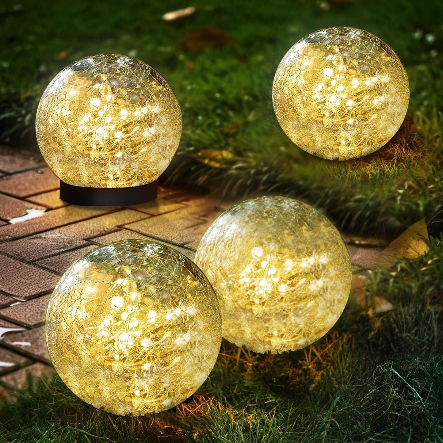 SyouHome Solar Garden Lights Outdoor Waterproof, 4 Pack 50 LEDs Cracked Glass Ball Light, Ground Landscape Garden Decor, Solar Globe Decorative for Pathway/Patio/Lawn/Yard (Warm White, 4.7")