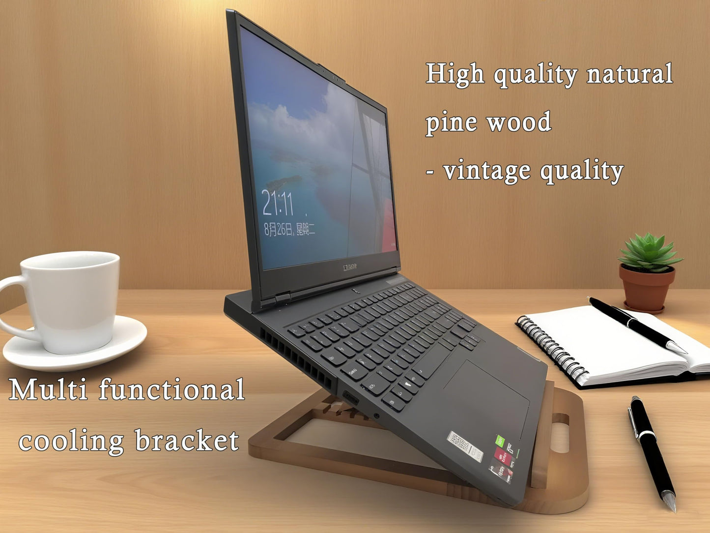 SummitRush Wooden Laptop Stand for Desk & Wood - Style Laptop Stand, Foldable and Adjustable Ergonomic Notebook, Book, Phone & Tablet Stand, 6 - Gear Angle Adjustment, Cooling for 10-15.6 Inch