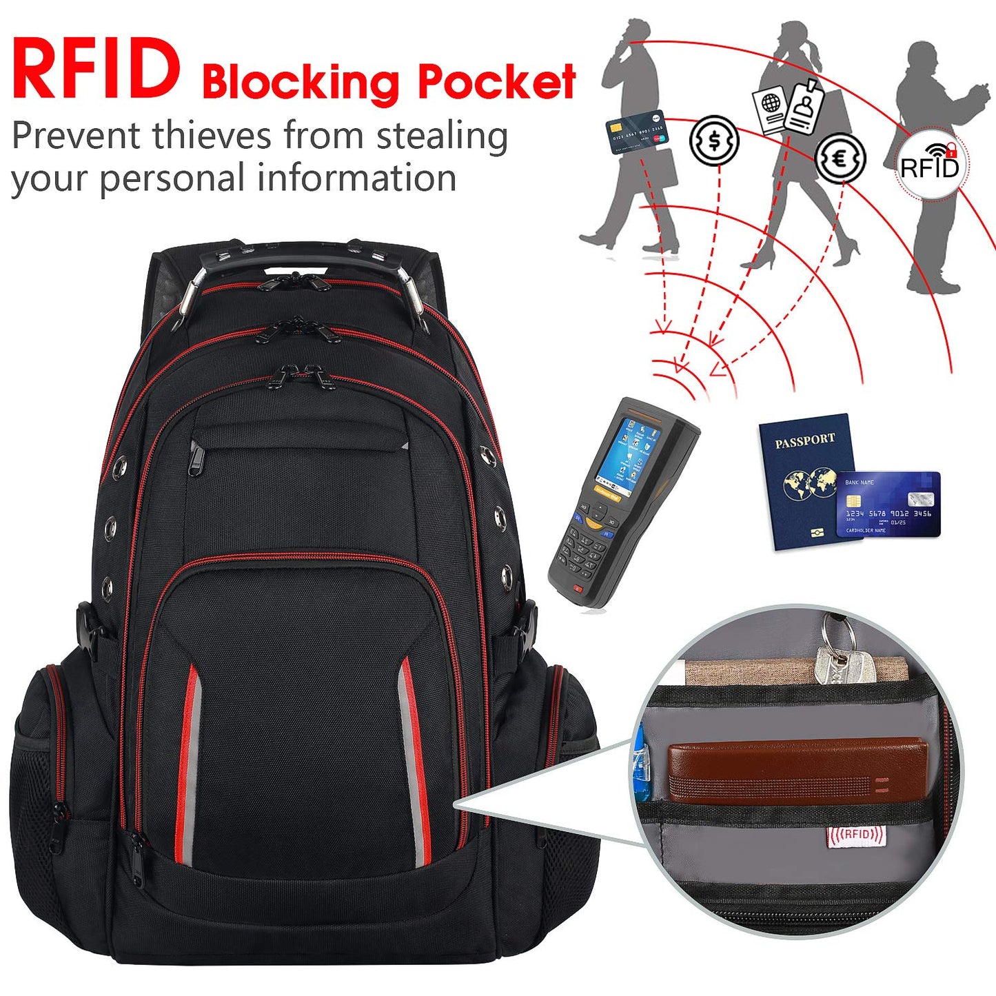 Laptop Backpack for Men, Large Travel Computer Backpack with USB Charging Port for Work Business Fits 17 Inch Notebook, Big College School Bookbag, 40L, Anti Theft, Water Resistant, Red