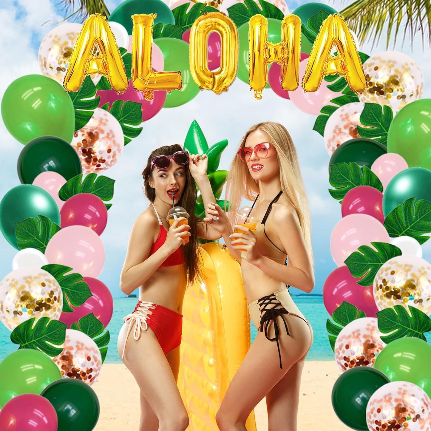 239 Pcs Luau Party Decorations, Hawaiian Party Decorations Kit For Adults - "ALOHA"&"HAPPY BIRTHDAY" Banner, Balloons, Cake Topper, Straws, Table Skirt, Dinnerware Set For 25 Guests