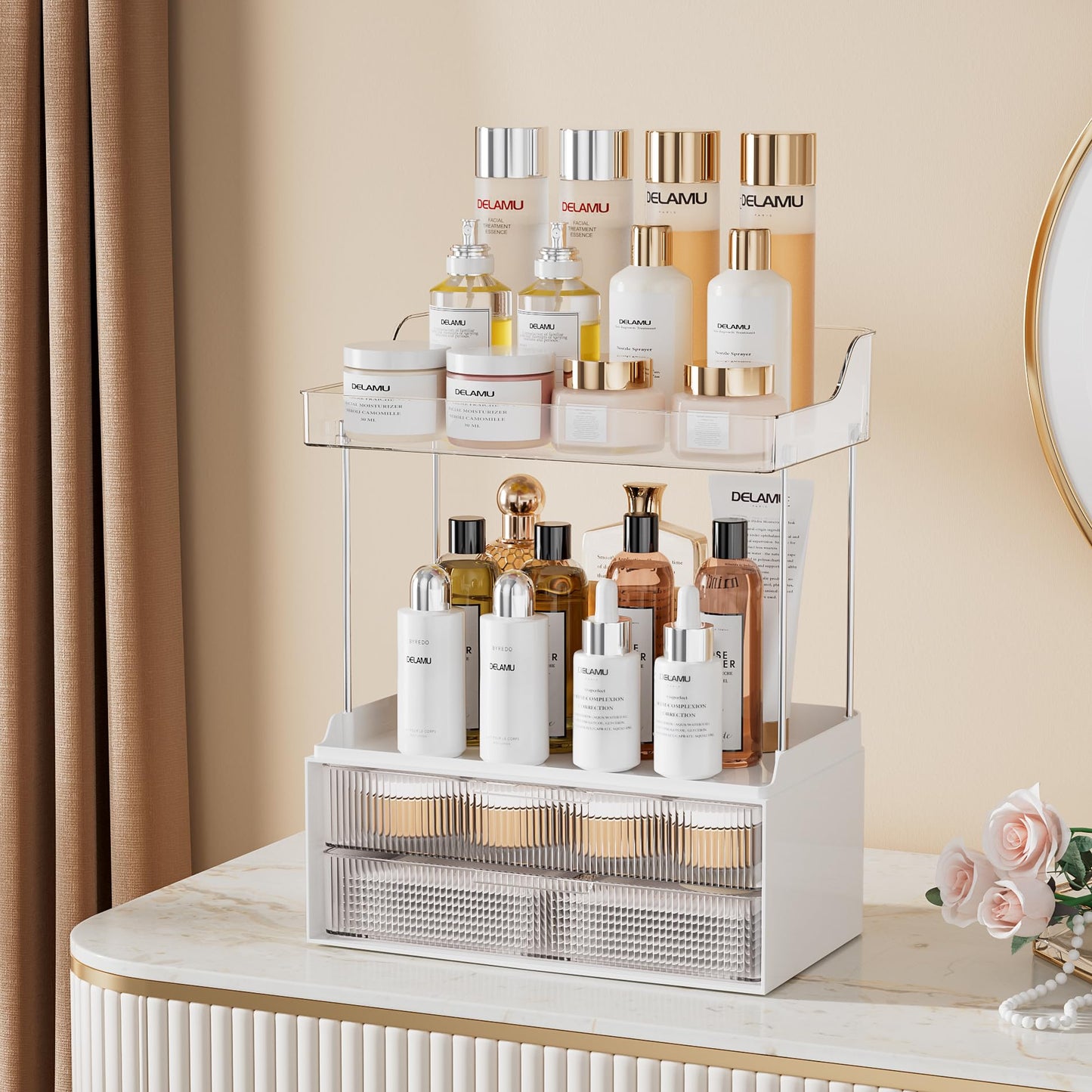 Delamu 2-Tier 2-Drawer Bathroom Organizer Countertop, Multi-Purpose Makeup Organizer Countertop, Large Skincare Organizers, Exquisite Vanity Organizer, Clear