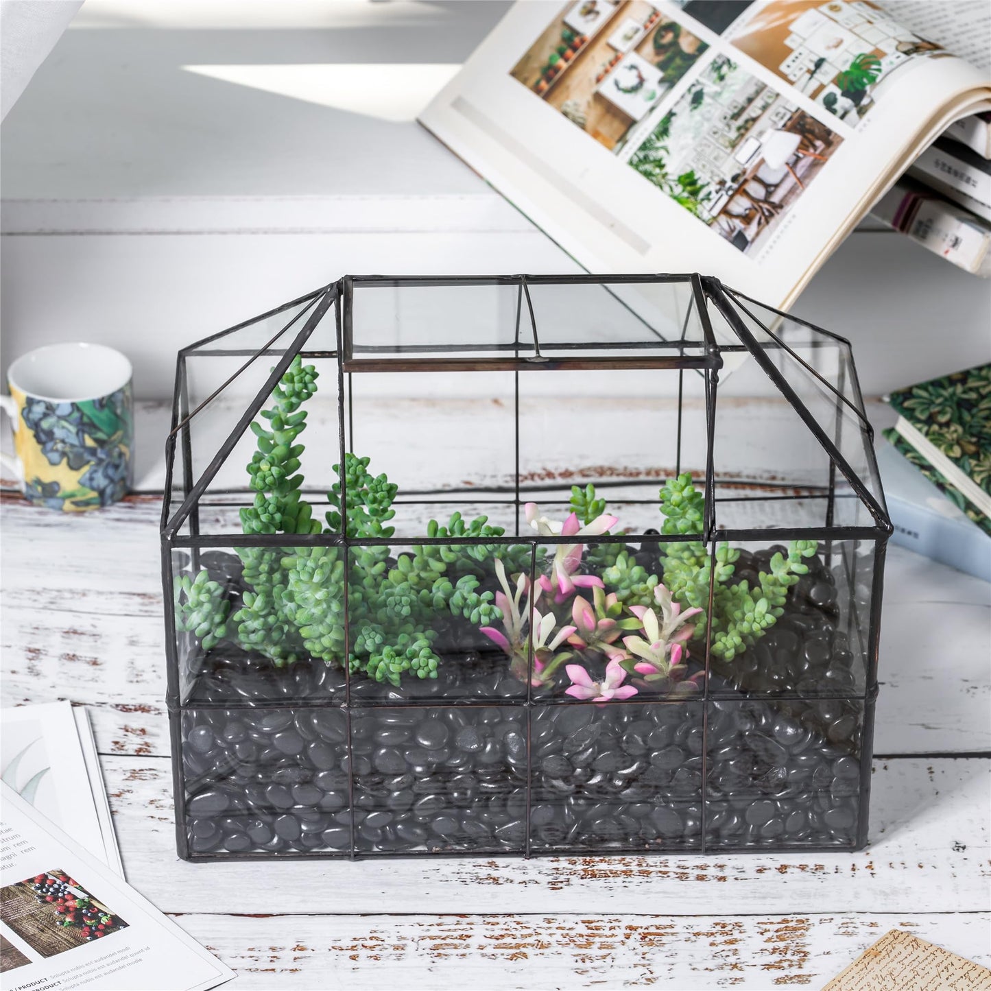 NCYP Geometric Terrarium Planter - 25x13.5x20 cm - Grid House Shape Glass Terrarium Box for Succulent Cacti Air Plants, Modern Indoor Tabletop Centerpiece, Flower Pot, Black (No Plants)