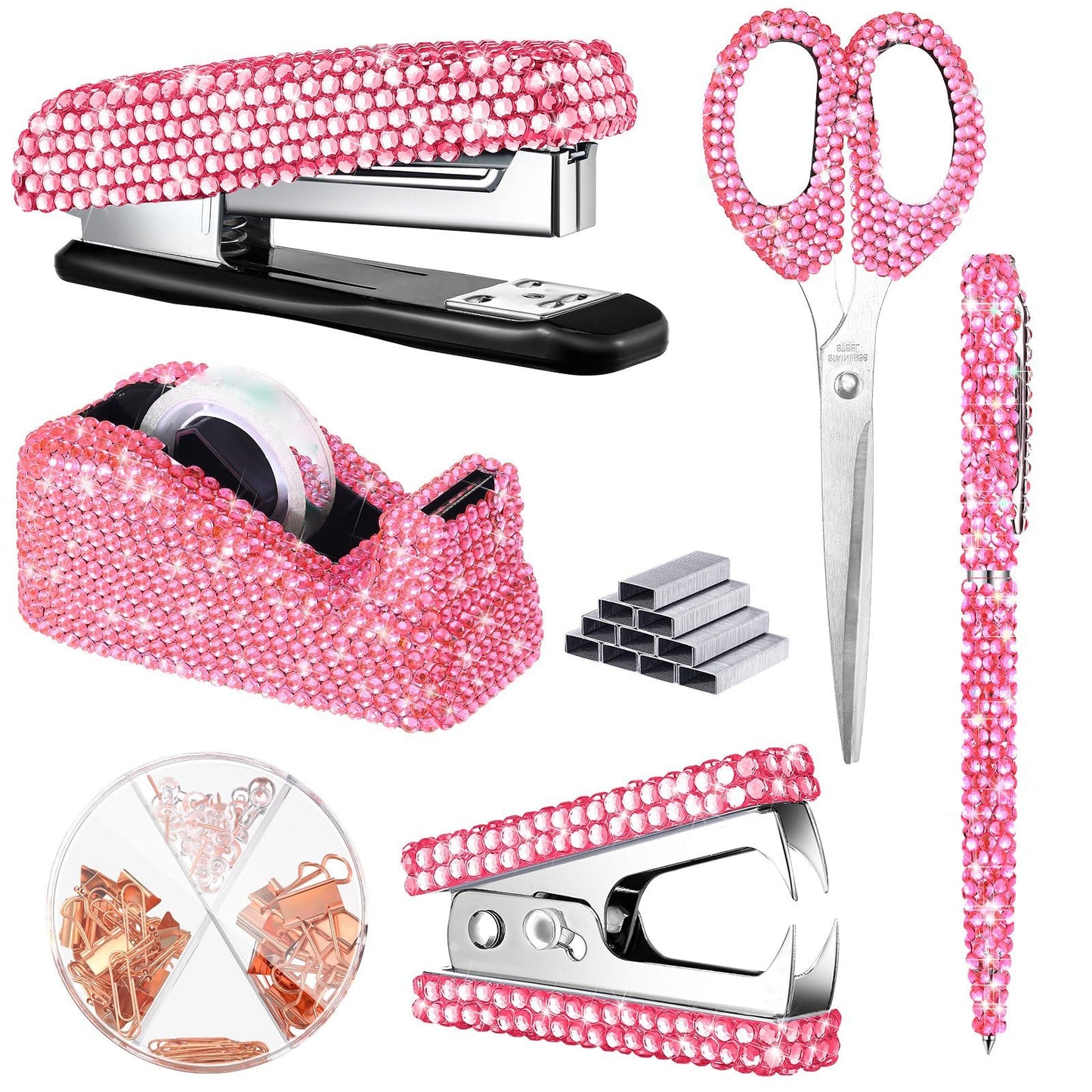 Demissle 6 Pcs Bling Office Desk Accessories Set Crystal School Stationery Kit Scissor Stapler with Staple, Tape Dispenser, Diamond Pen, Staple Remover, Binder Clip, Paper Clip, Push Pins(Pink)