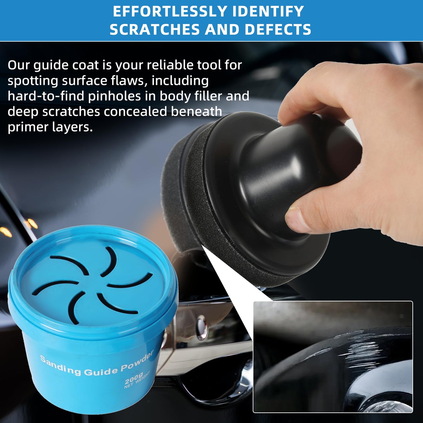 Calvana 7 oz Black Dry Guide Coat Powder, Dry Guide Coat kit for Wet & Dry Auto Body Sanding, Ideal fof Auto Body Repair, Highlights Scratches, Finds Pinholes Defects, and Low Spots