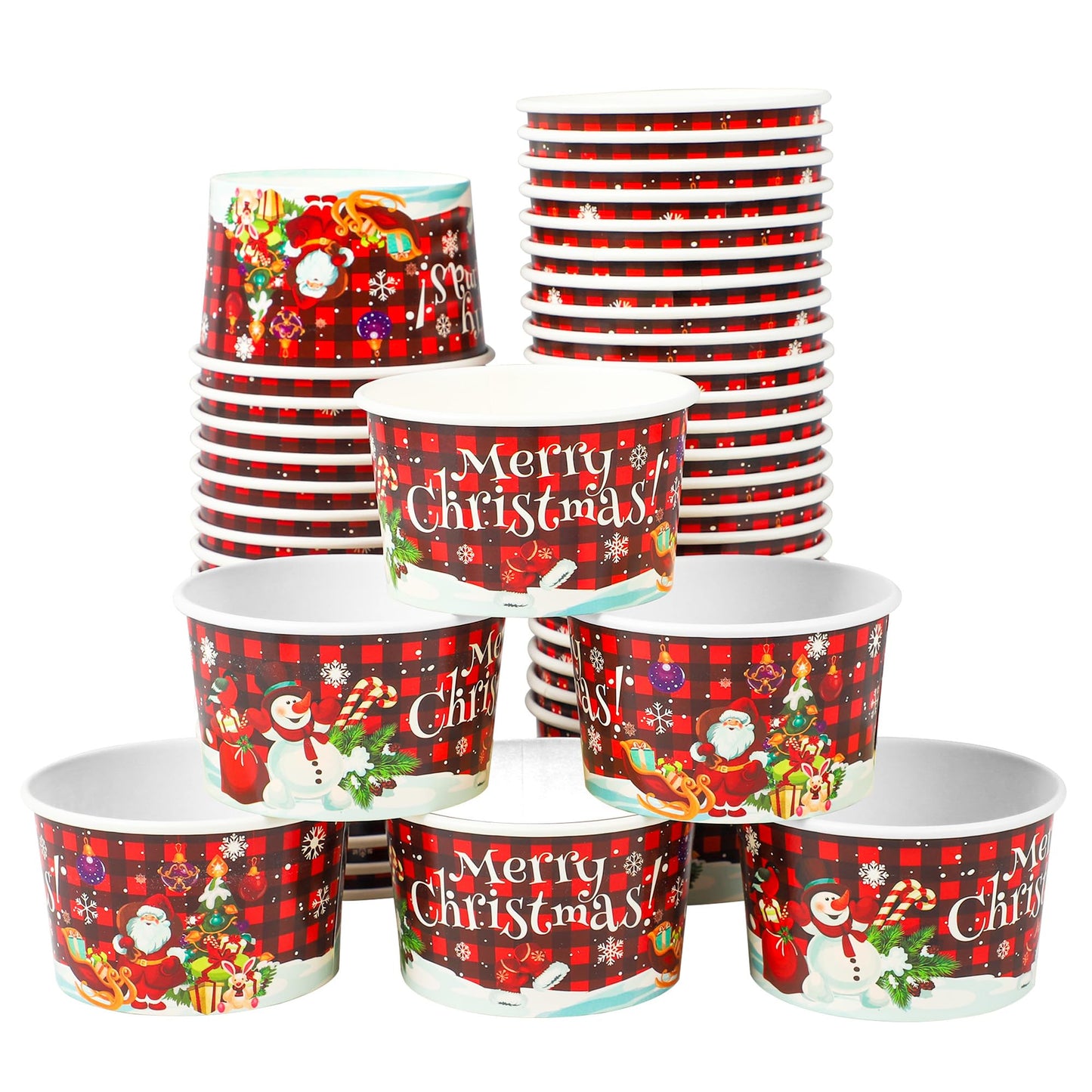 50 PCS Christmas Snack Bowls 9 oz Paper Ice Cream Cups Christmas Disposable Treat Cups Dessert Bowls Plaid Snack Paper Cups Snowman Santa Bowls for Holiday Treat Dessert Cakes Candy Party Supplies