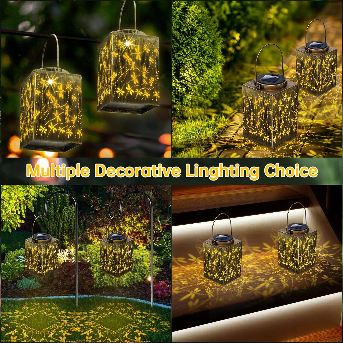 YWYWLED 2 Pack Solar Lanterns - Waterproof Metal Hanging Solar Lights Outdoor Decorative, Solar Powered LED Lamp for Patio Tabletop Porch Deck Yard Garden Decor for Outside (Dragonfly)