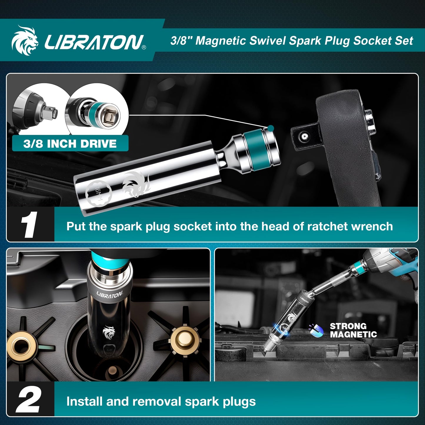 LIBRATON 8PCS 3/8"Dr. Magnetic Spark Plug Socket Set, Include Gapper & Extension Bar, Swivel Head Thin Wall (5/8" 9/16" 14mm 16mm), 6 &12 Point for Truck Motorcycle Auto Repair, w/4",6",10", CR-V