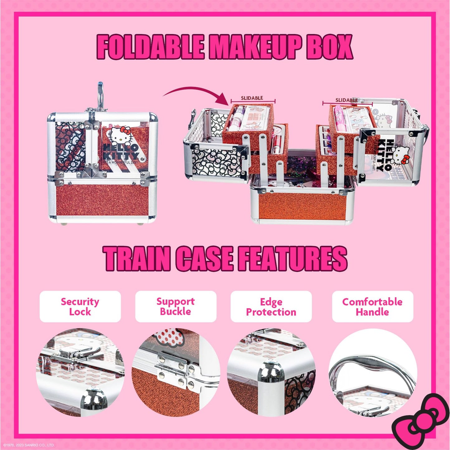Hello Kitty Train Case Cosmetic Makeup Set Includes Lip Gloss, Eye Shimmer, Nail Polish, Hair Accessories & More! For Girls, Ages 6+ Perfect for Parties & Makeovers, by Townley Girl