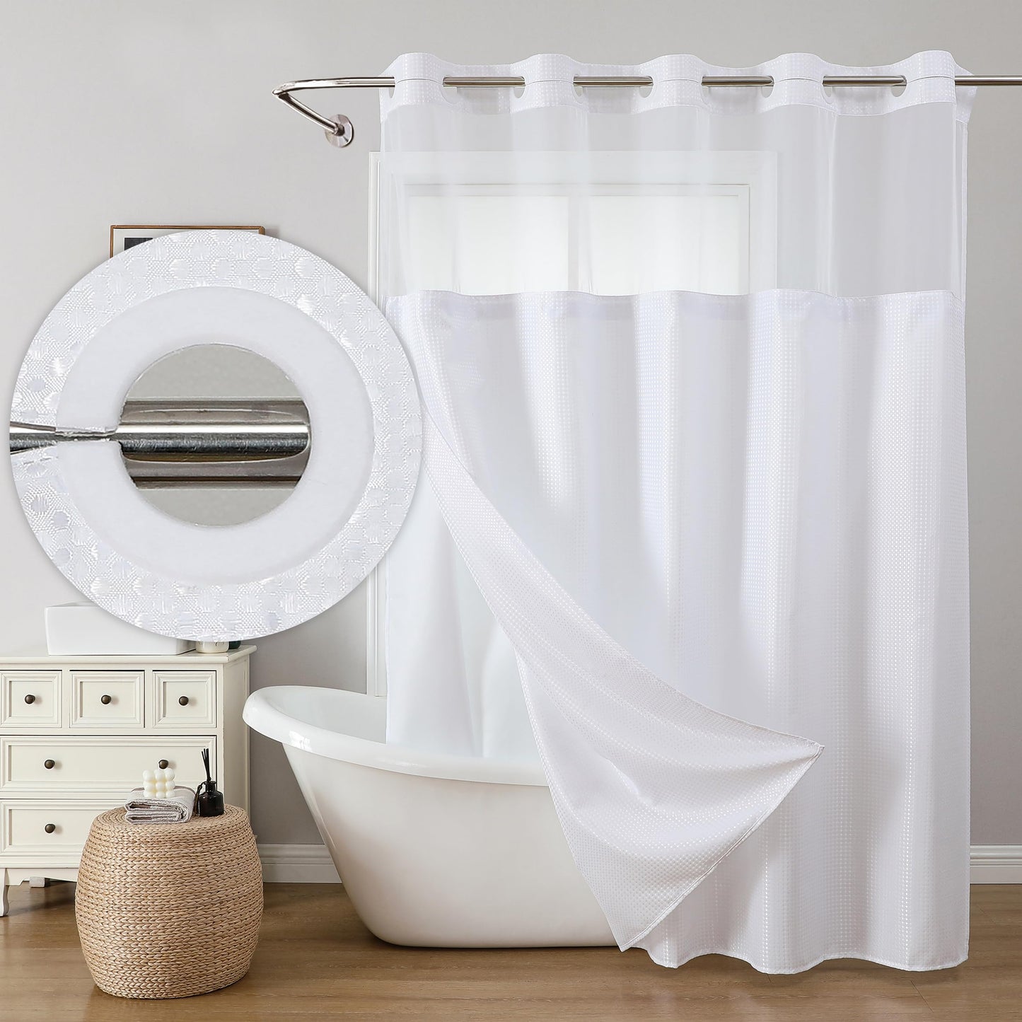 JYhoney White No Hook Shower Curtain with Snap in Liner, 230GSM Waffle Weave Shower Curtains Waterproof Polyester Fabric Shower Curtain Set for Bathroom Bathtubs, Through Mesh Top Window,71Wx74H