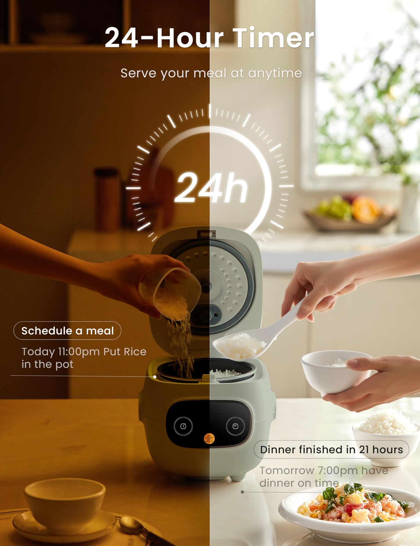 COMFEE' Mini Rice Cooker 4 Cups Cooked/2 Cups Uncooked, Portable Non-Stick rice maker, 24 hours Timer Delay, 6 Functions, Fast Cooker, Brown Rice, Oatmeal, Sage Green Color