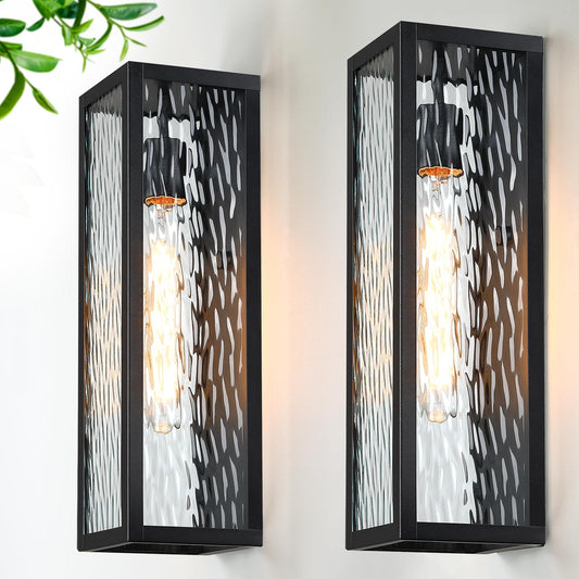 2 Packs 16'' Outdoor Wall Lights Exterior Lighting Fixtures, Modern Black Porch Light for House, Waterproof Outside Lights Wall Sconce Lanterns with Water Ripple Glass for Front Door, Patio, Garage