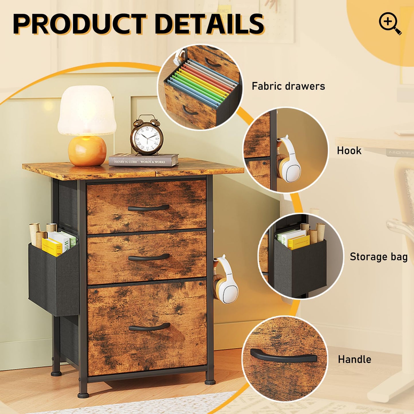 Flrrtenv File Cabinet with Extended Tabletop, Mobile Filing Cabinet with 3 Fabric Drawers and Storage Bag, Printer Stand for Home Office, Night Stand for Bedroom, Rustic Brown