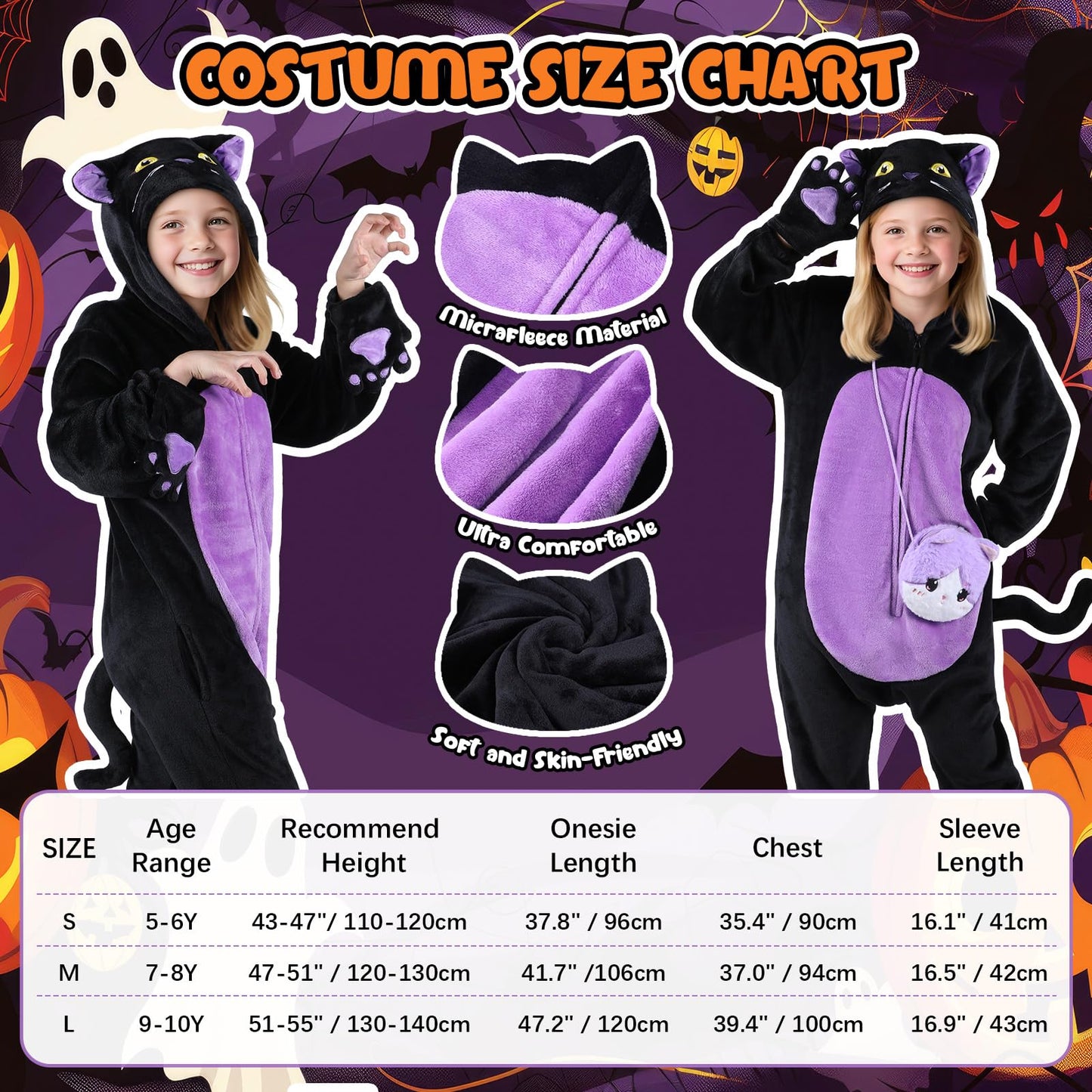 Black Cat Costume for Girls, Kids Hooded Cat Noir Onesie with Purse Bag, Girls Halloween Costumes for Kids Age 5-10